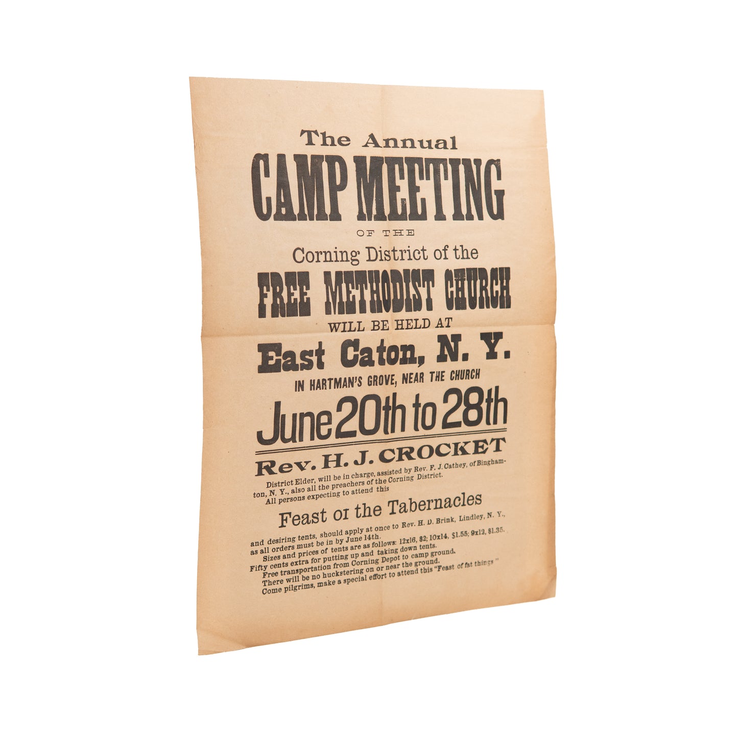 1900 H. J. CROCKET. Rare Free Methodist Camp Meeting Broadside - East Caton, New York.