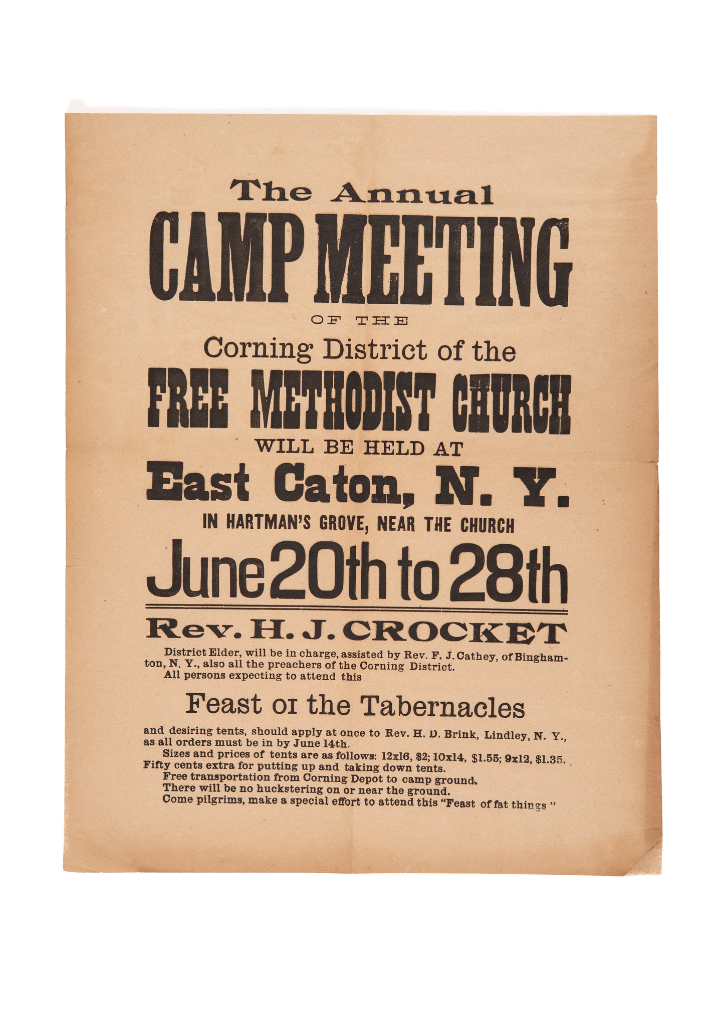 1900 H. J. CROCKET. Rare Free Methodist Camp Meeting Broadside - East Caton, New York.