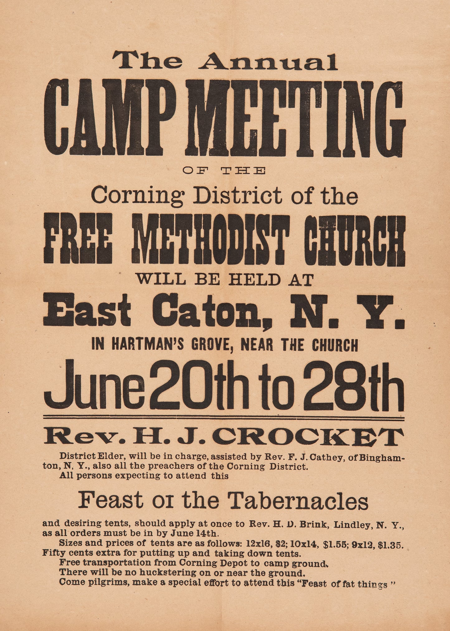 1900 H. J. CROCKET. Rare Free Methodist Camp Meeting Broadside - East Caton, New York.