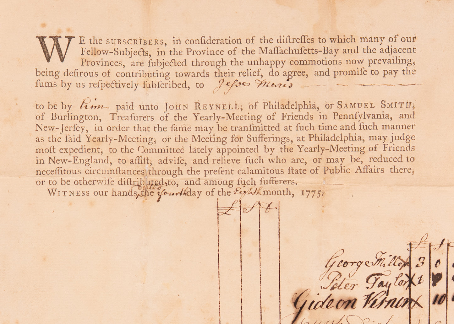 1775 QUAKER BENEDICT ARNOLD. Subscription to Aid Sufferers after Battle of Concord - Signed Gideon Vernon.