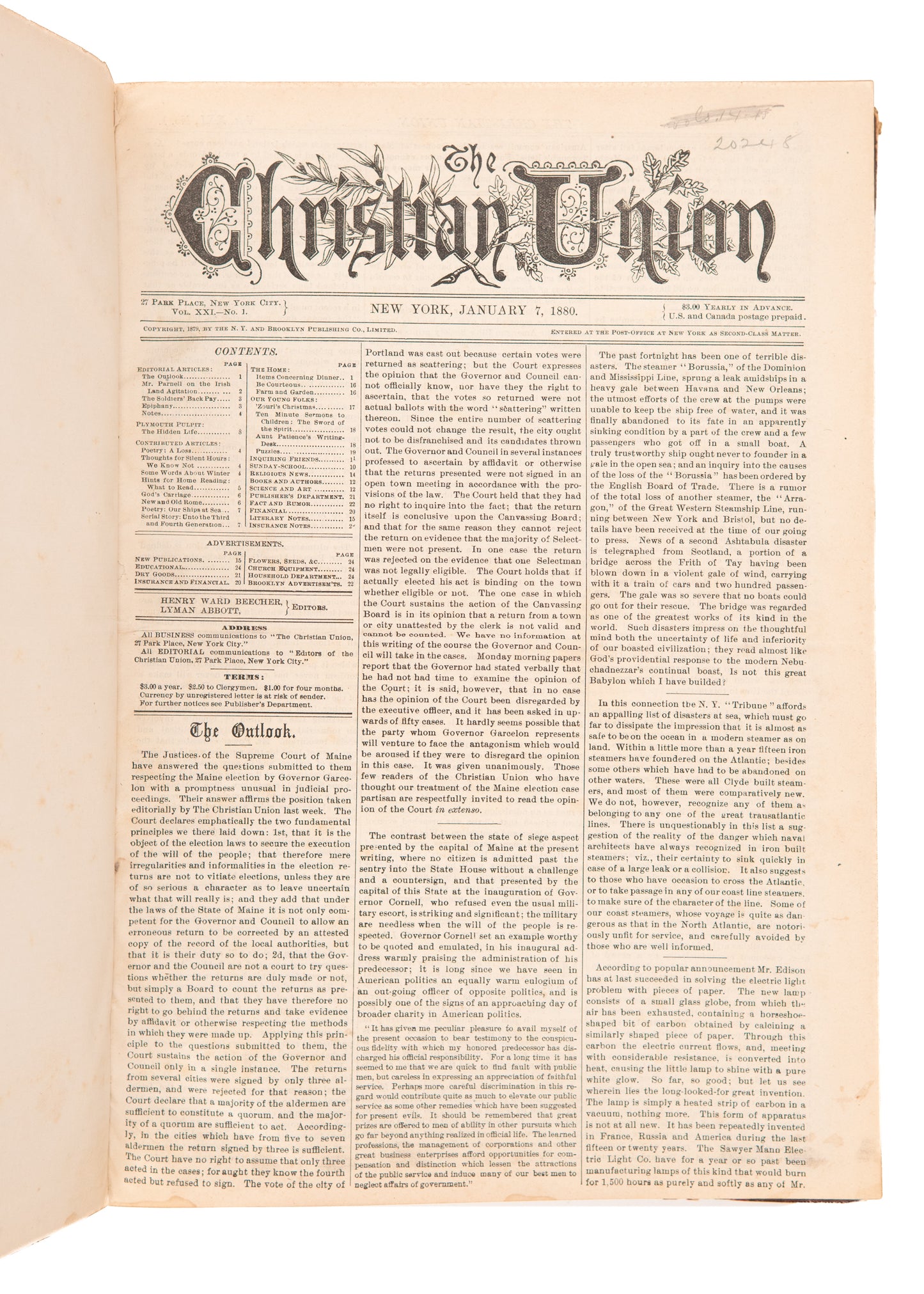 1880 HENRY WARD BEECHER. Six Month Run of His Paper. Slavery, Apologetics, Social Issues, &c.