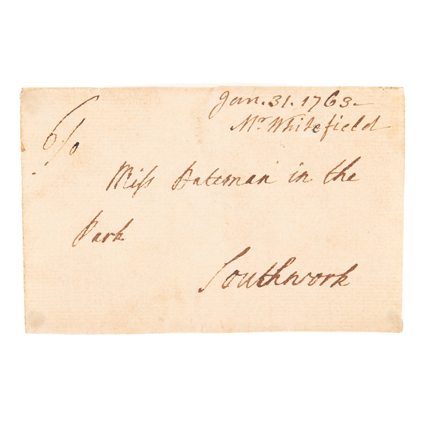 1763 GEORGE WHITEFIELD. Manuscript Address Panel, Engraving, and Period Inscription.