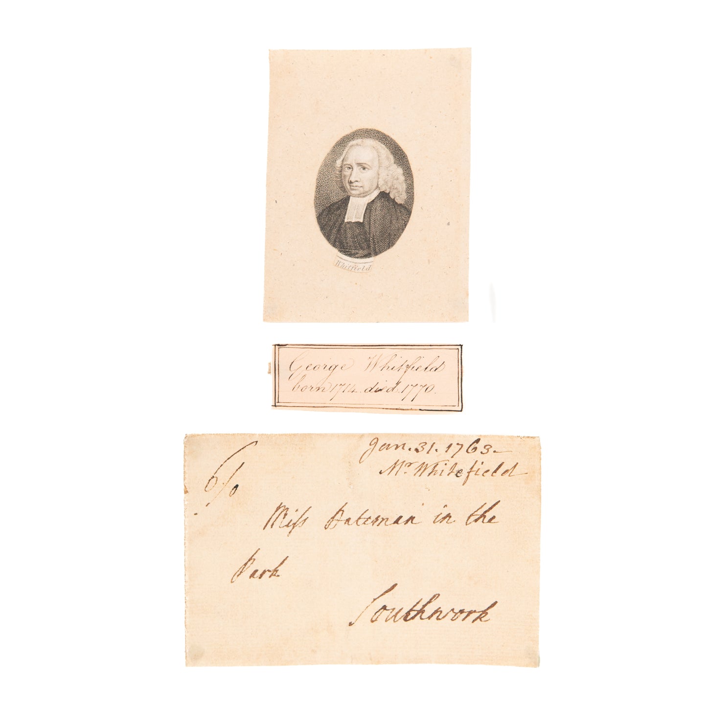 1763 GEORGE WHITEFIELD. Manuscript Address Panel, Engraving, and Period Inscription.