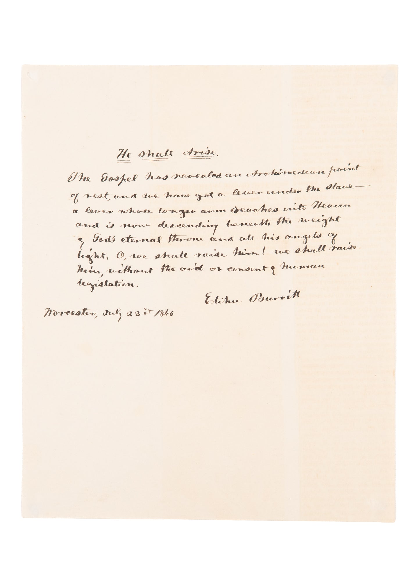 1846 ELIHU BURRITT. Manuscript Poem on the Irresistibility of God's Power to Free the Slaves.