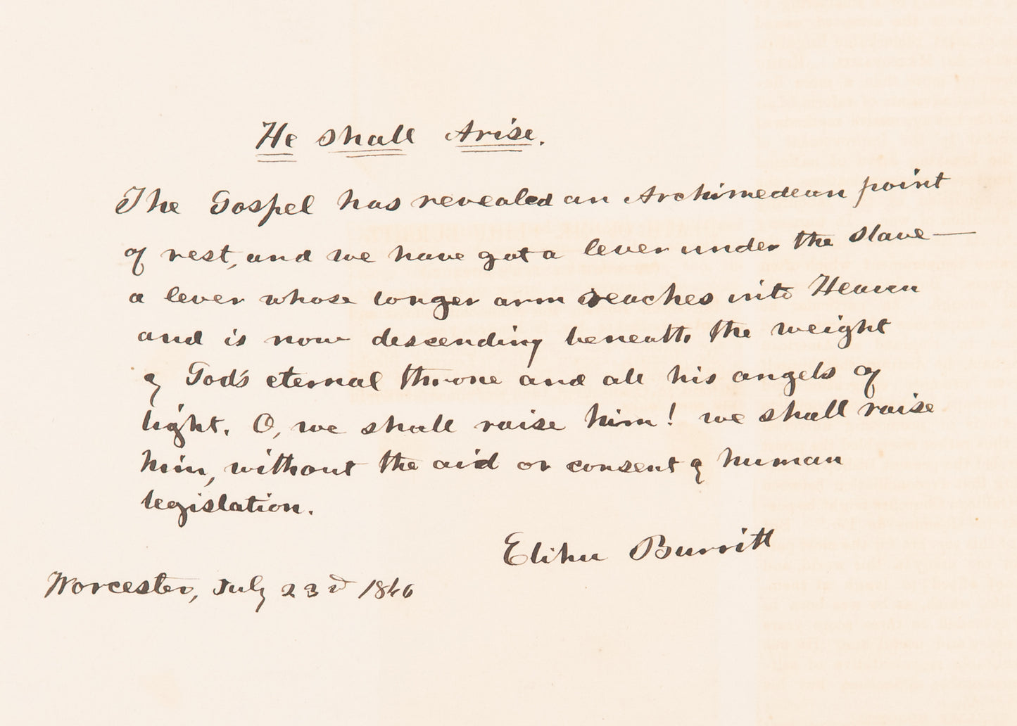 1846 ELIHU BURRITT. Manuscript Poem on the Irresistibility of God's Power to Free the Slaves.