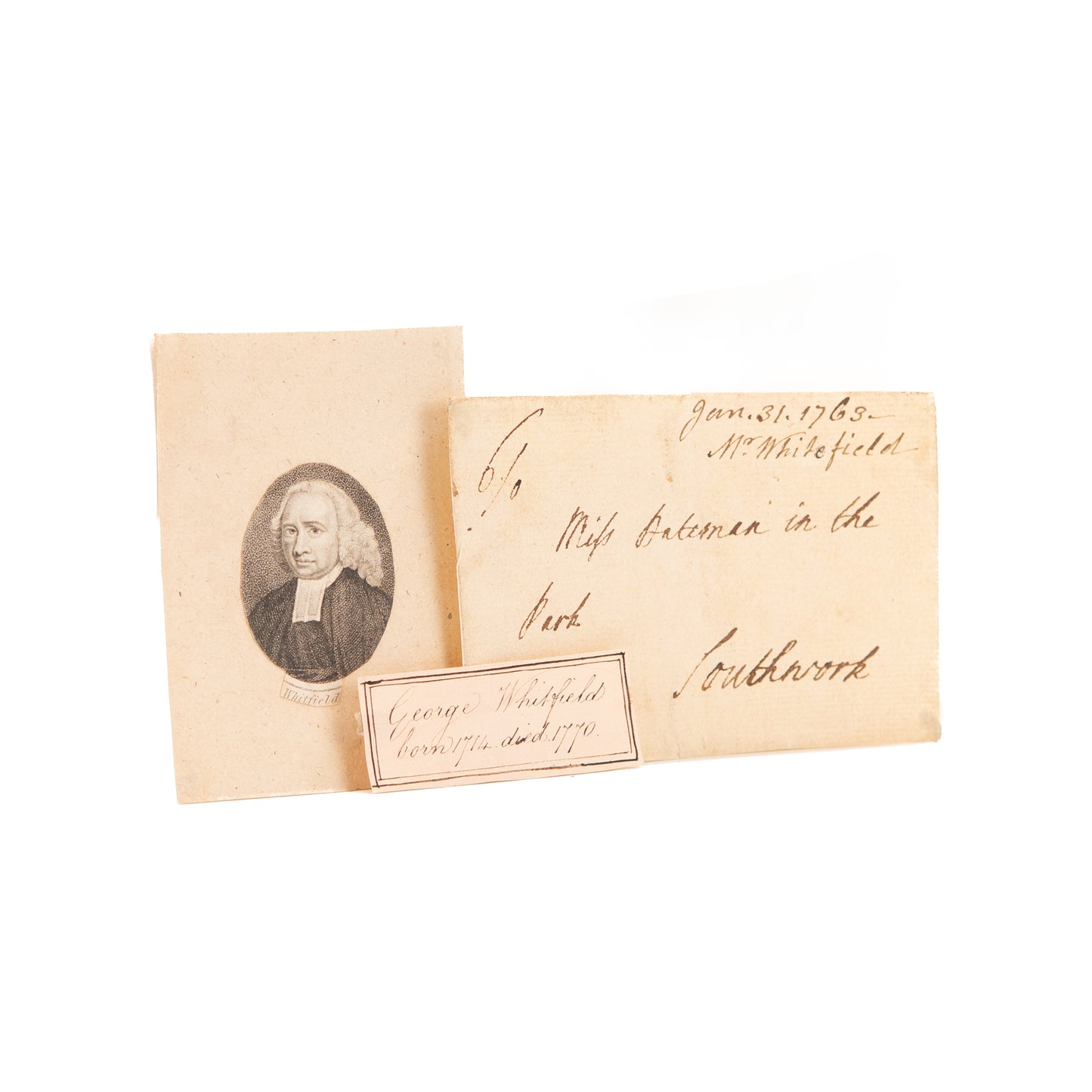 1763 GEORGE WHITEFIELD. Manuscript Address Panel, Engraving, and Period Inscription.