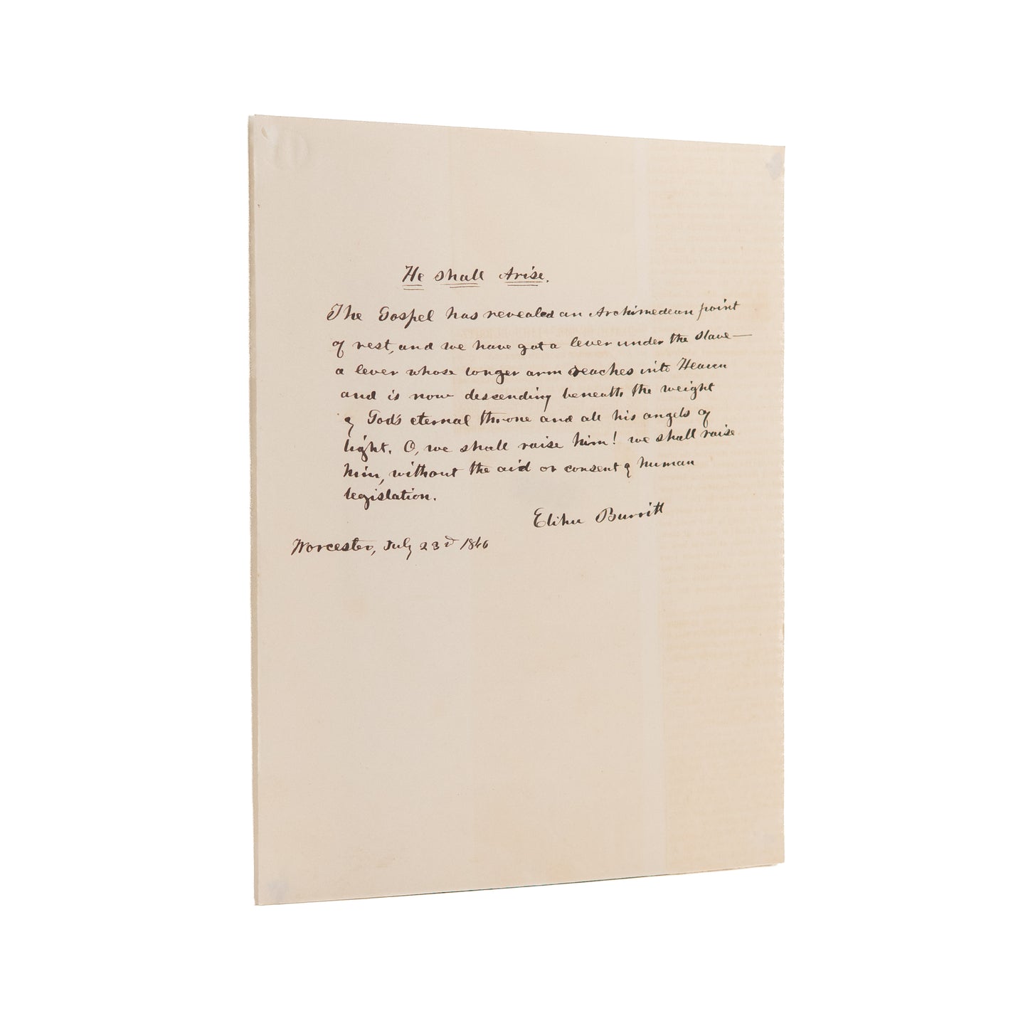 1846 ELIHU BURRITT. Manuscript Poem on the Irresistibility of God's Power to Free the Slaves.