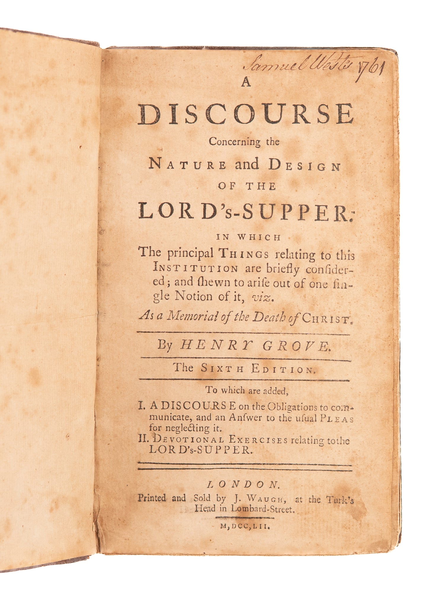 1752 HENRY GROVE. Discourse Concerning The Lord's Supper. Owned Revolutionary War Chaplain.