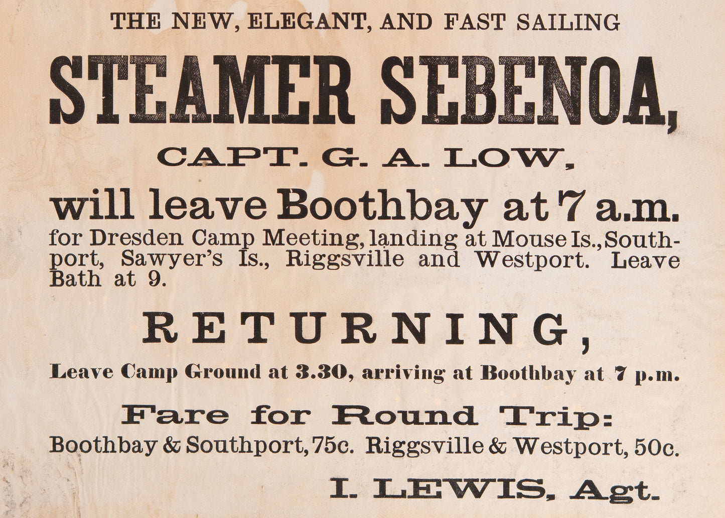 1881 CAMP MEETING. Rare Steamboat Broadside for Travelers to Methodist Camp Meetings in Maine.