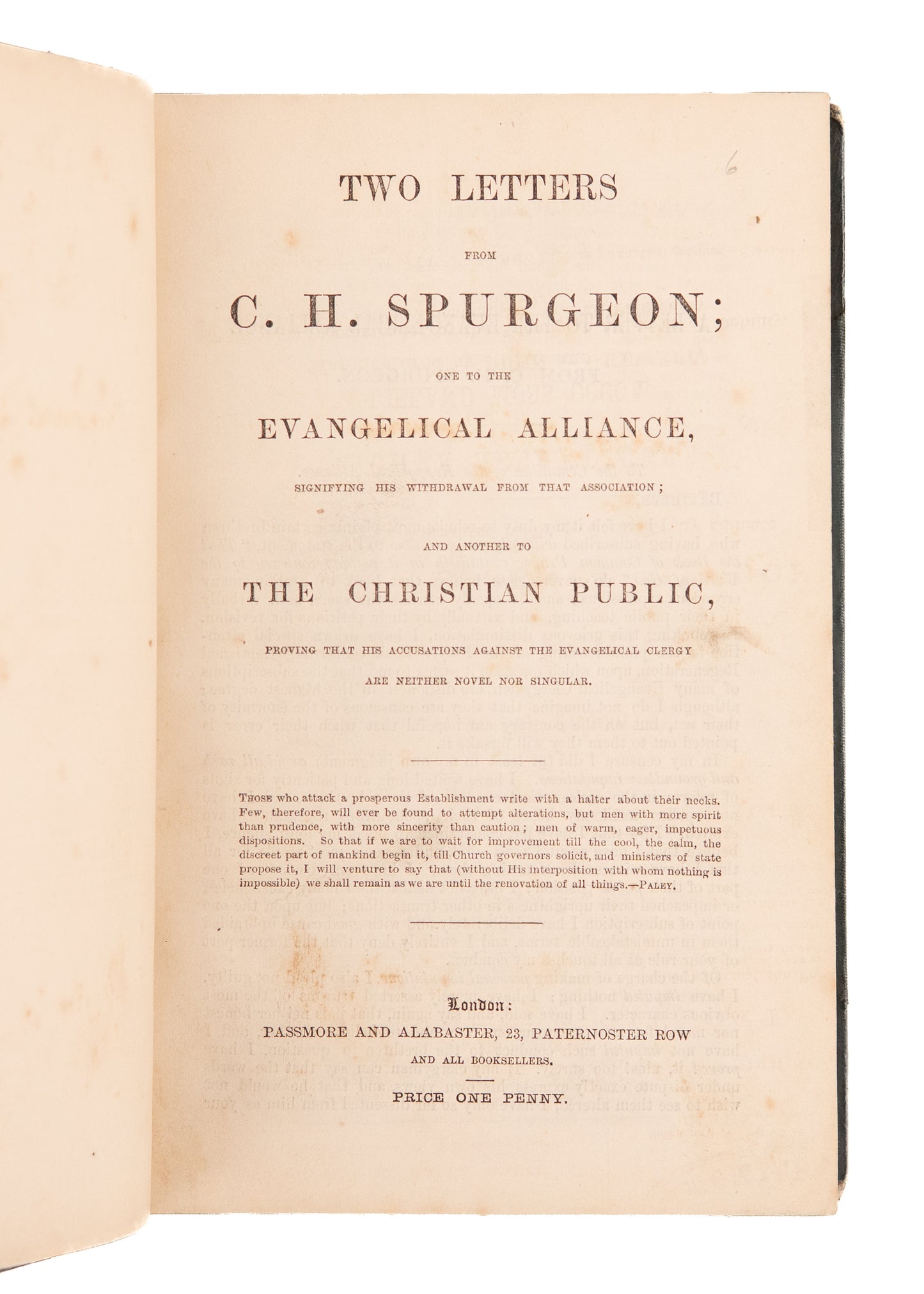 1863 C. H. SPURGEON. Rare Two Letters on Spurgeon's Withdrawal from the Evangelical Alliance.
