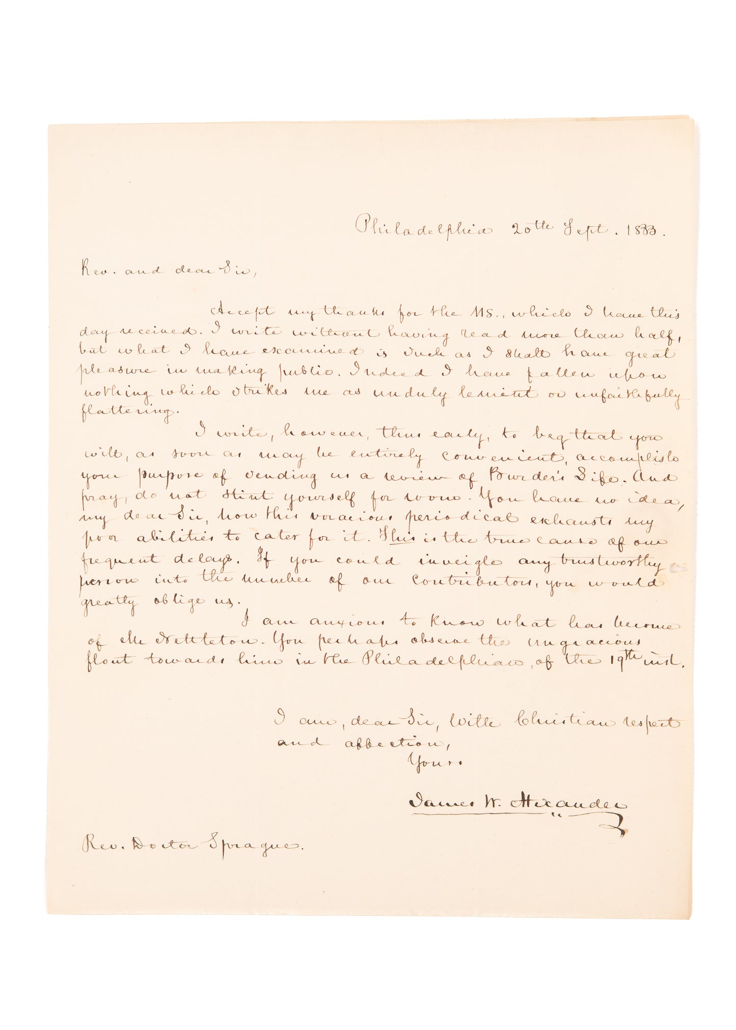 1833 J. W. ALEXANDER. Writes to W. B. Sprague Re: Presbyterian Magazine - Asahel Nettleton Revivals.