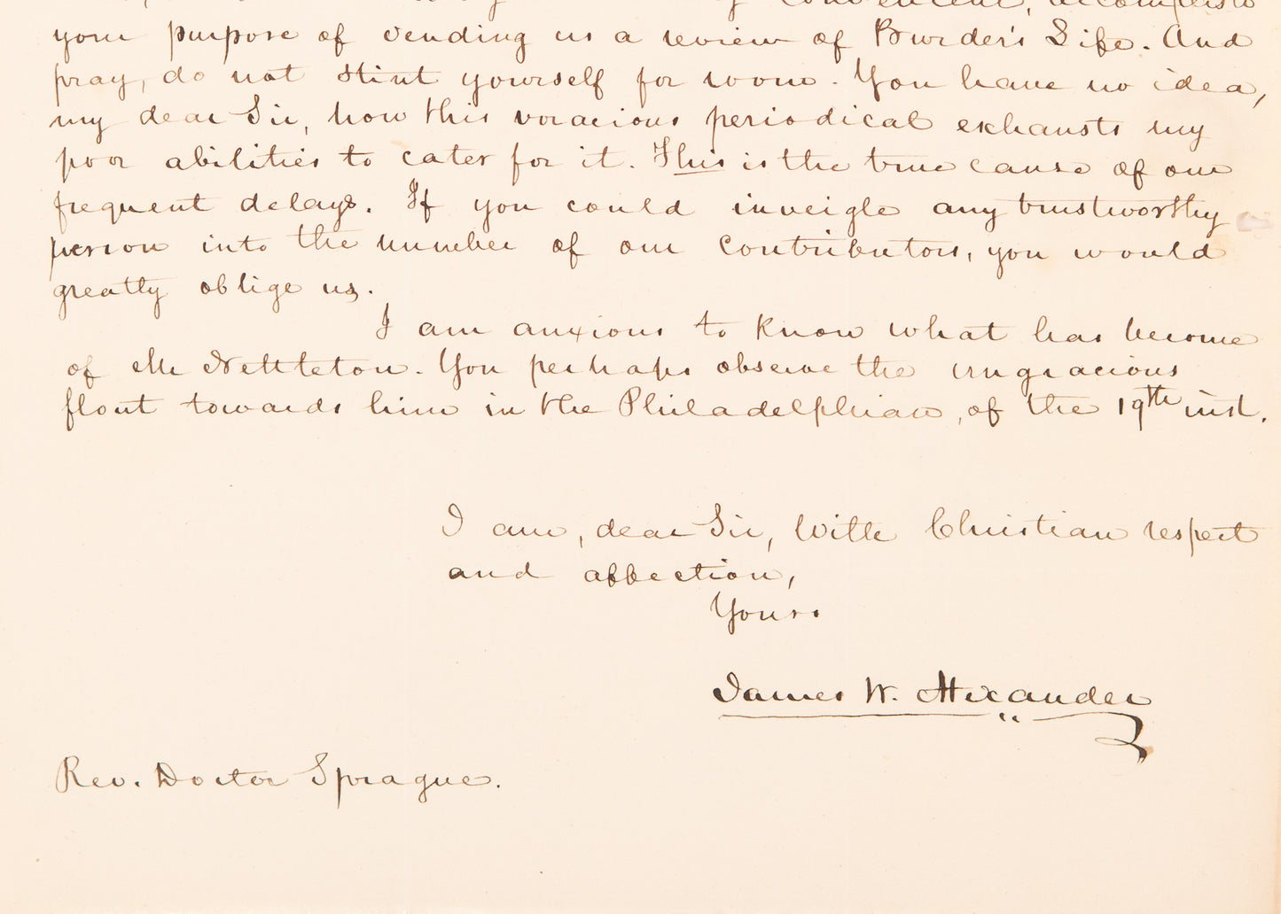 1833 J. W. ALEXANDER. Writes to W. B. Sprague Re: Presbyterian Magazine - Asahel Nettleton Revivals.