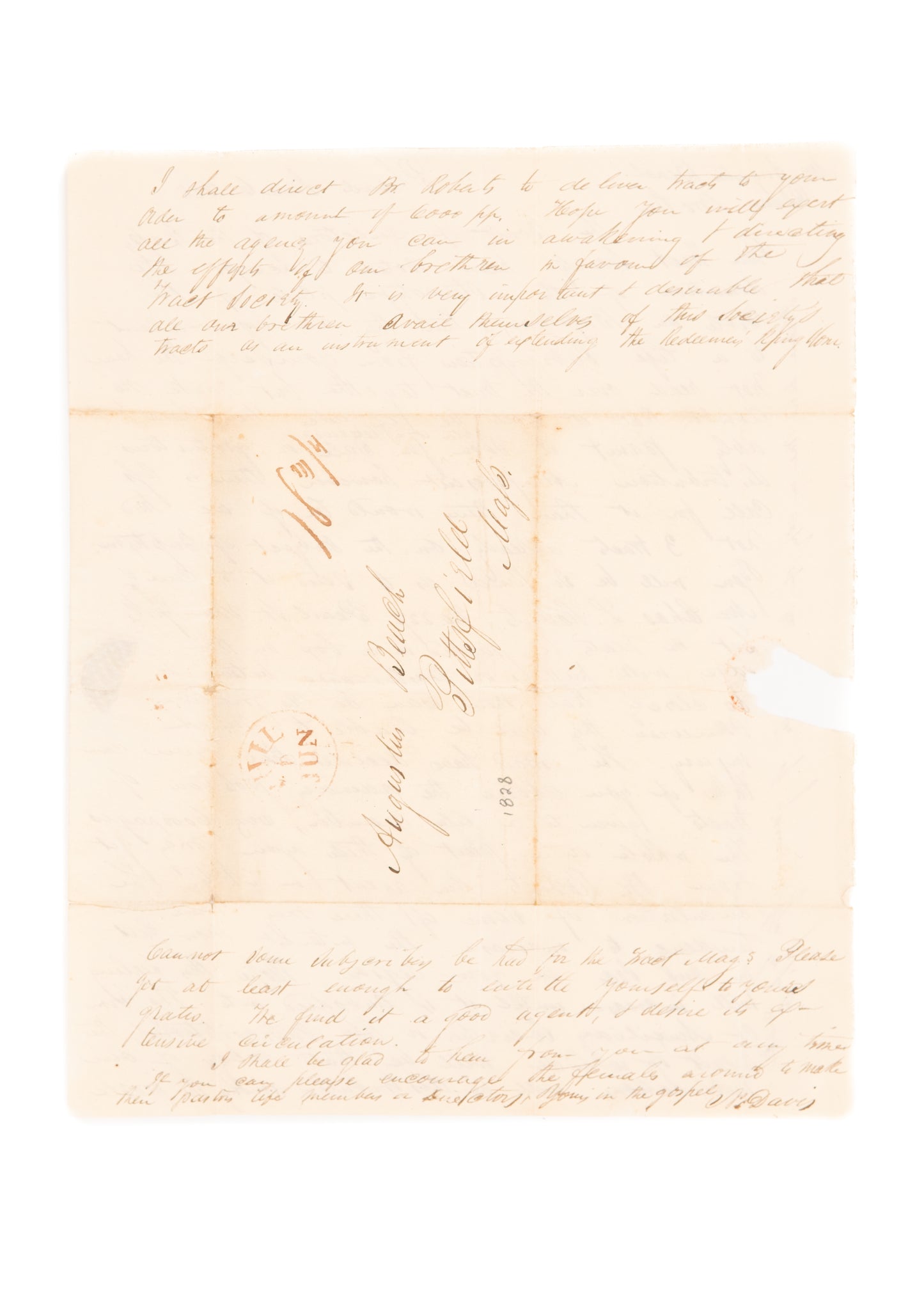 1828 PLATES FOR BAPTIST BIBLE. 1828 Letter to Augustus Beach of BGTS Re: Plates for "Immerser" Bible.