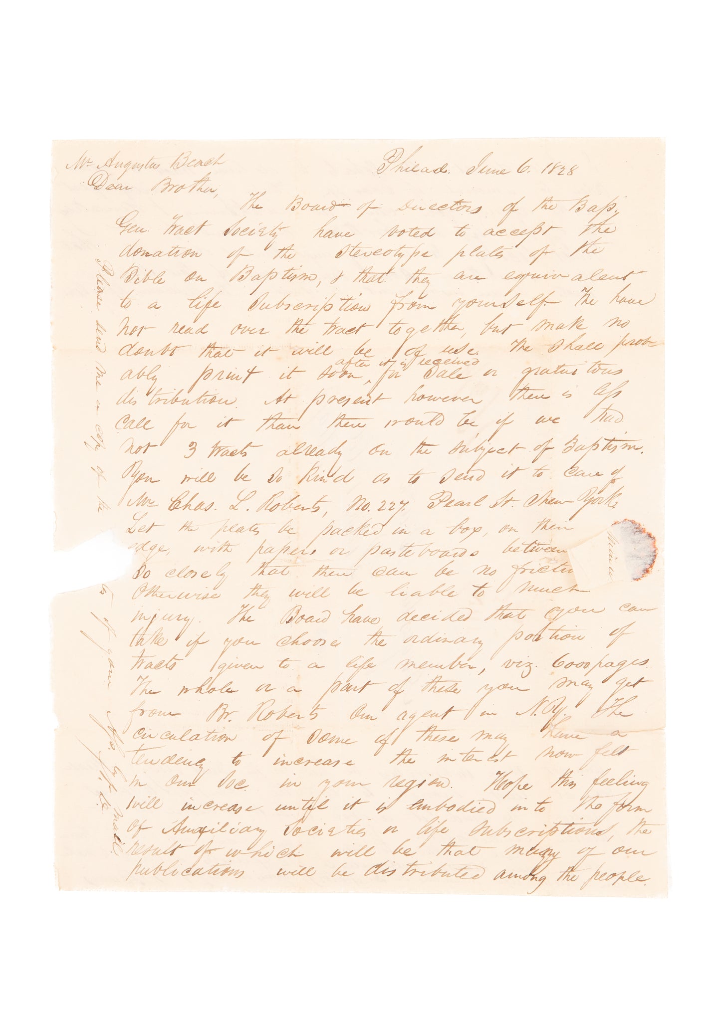 1828 PLATES FOR BAPTIST BIBLE. 1828 Letter to Augustus Beach of BGTS Re: Plates for "Immerser" Bible.