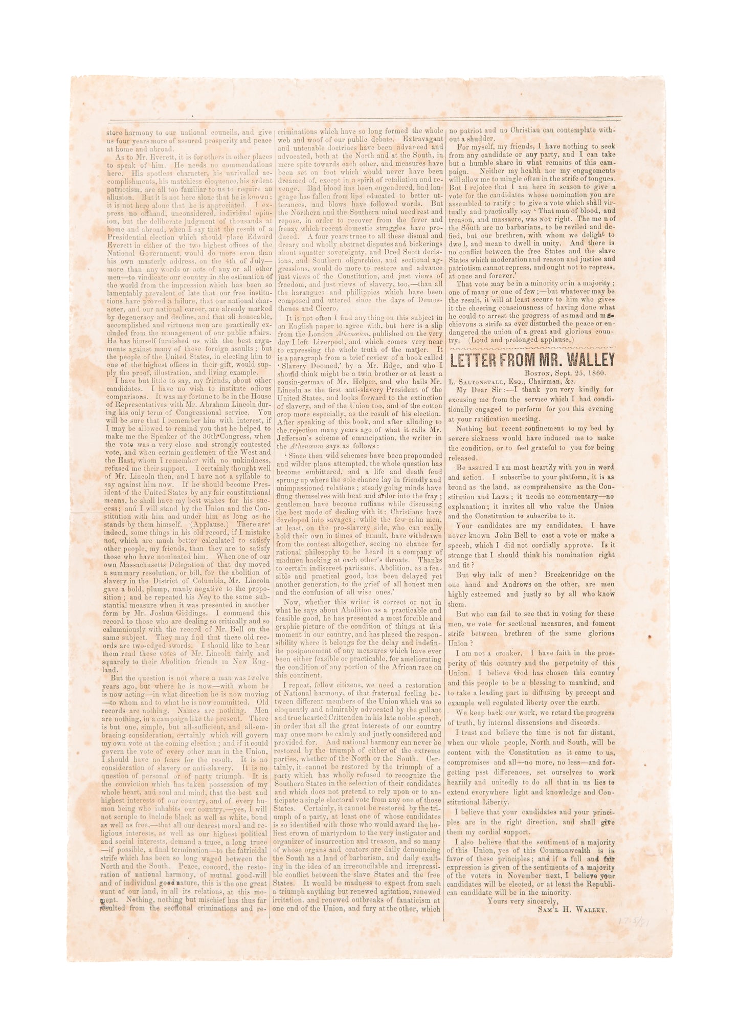 1860 ABRAHAM LINCOLN - DRED SCOTT. Rare Anti-Lincoln Broadside Accusing Him of not being Anti-Slavery &c.