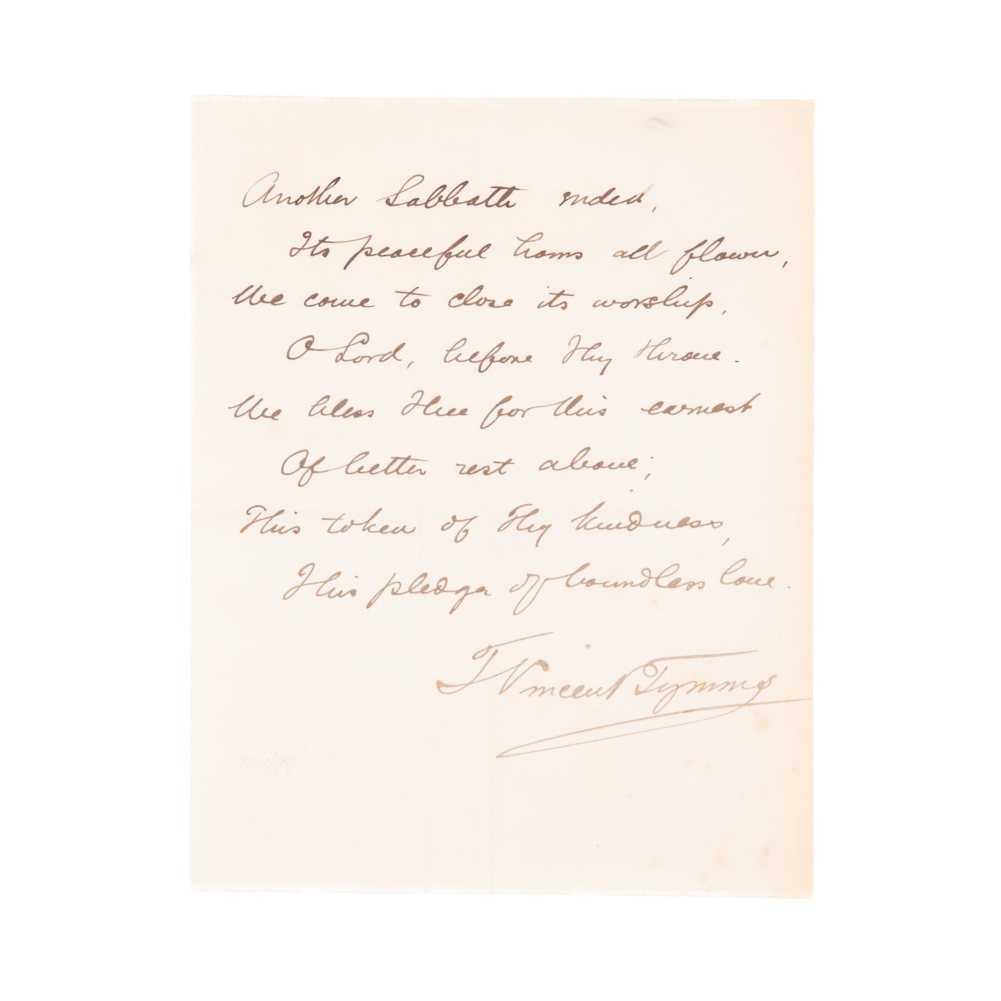 1866 T. VINCENT TYMMS. Baptist Manuscript Hymn by Spurgeon Friend and Co-Worker.