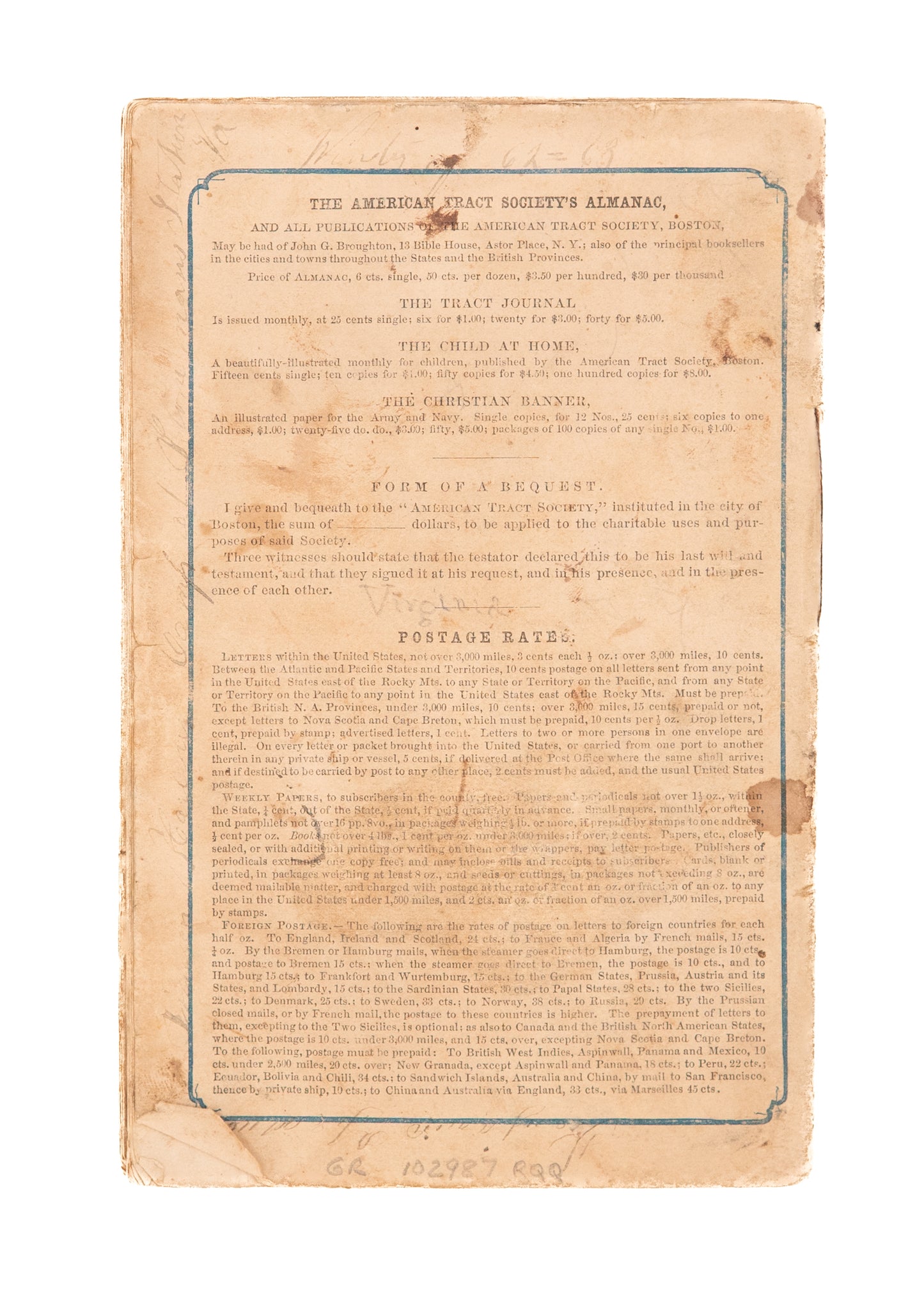 1863 CIVIL WAR - SLAVERY. American Tract Society Almanac - Used by Soldiers. Excellent Content.