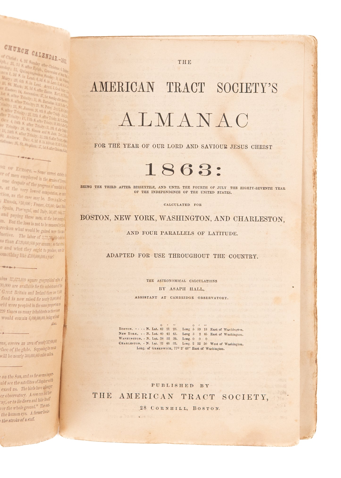 1863 CIVIL WAR - SLAVERY. American Tract Society Almanac - Used by Soldiers. Excellent Content.