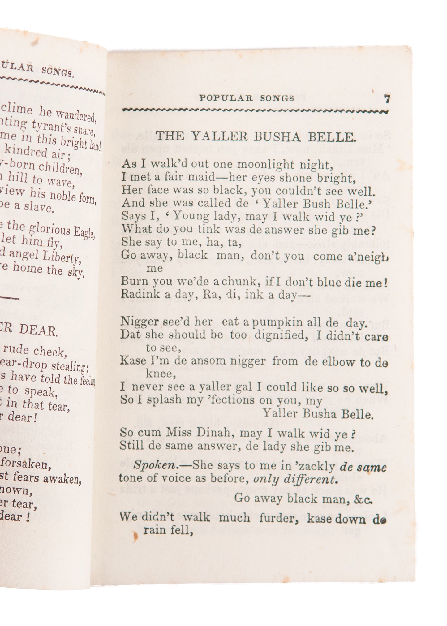 1850 BUNKER HILL SONGSTER. Patriotic, Historical, Americana Songs + Negro Lyrics.