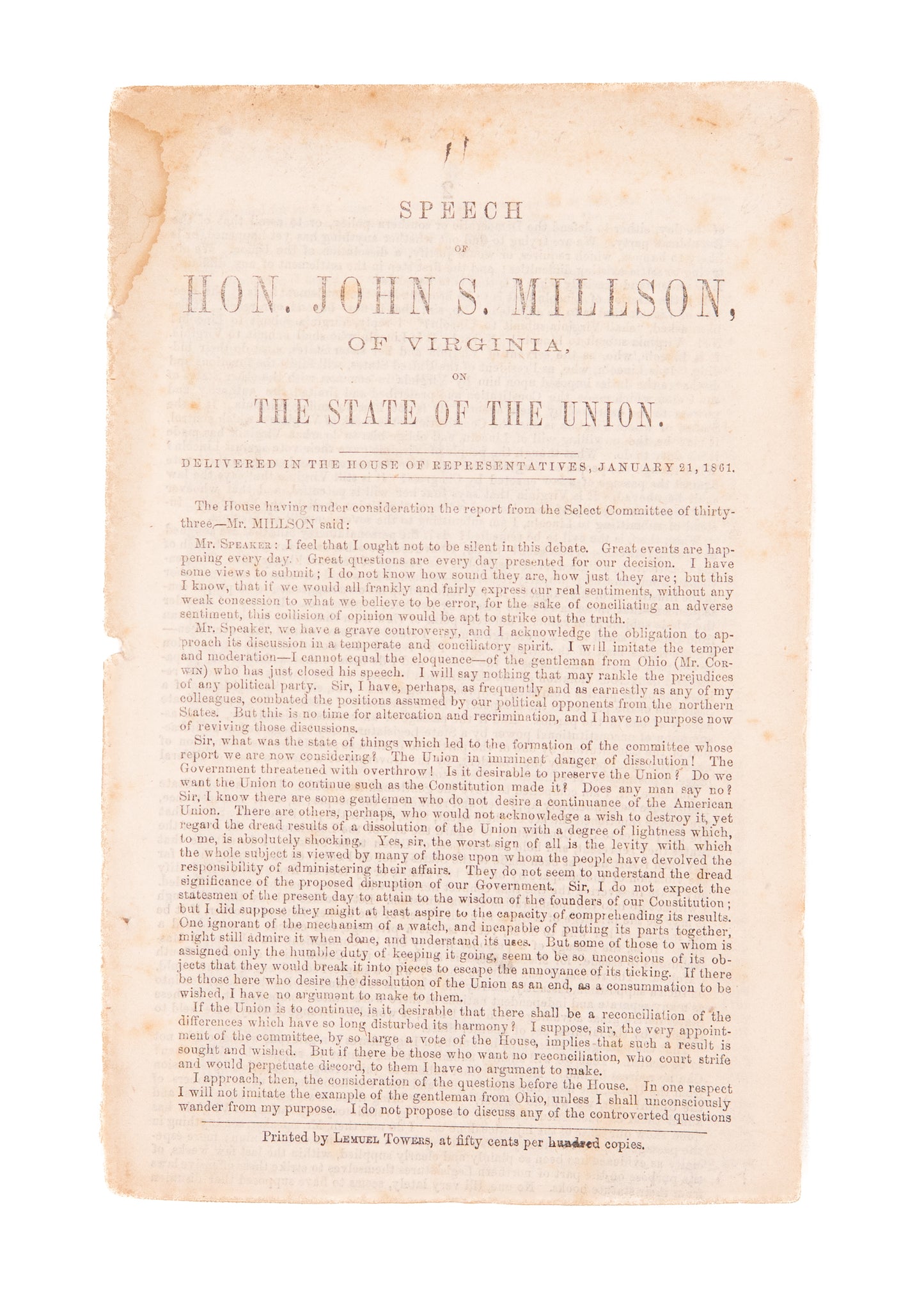 1861 J. S. MILLSON OF VIRGINIA. Virginia Representative Urges Congress to Guarantee Southern Slavery to Avoid War.
