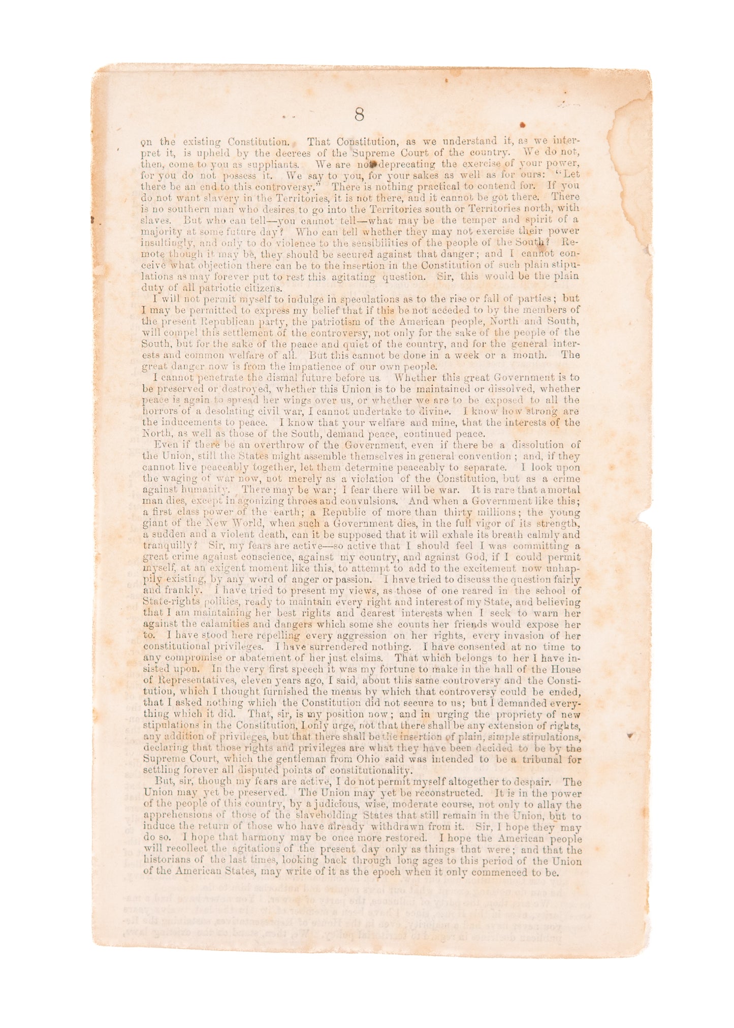 1861 J. S. MILLSON OF VIRGINIA. Virginia Representative Urges Congress to Guarantee Southern Slavery to Avoid War.