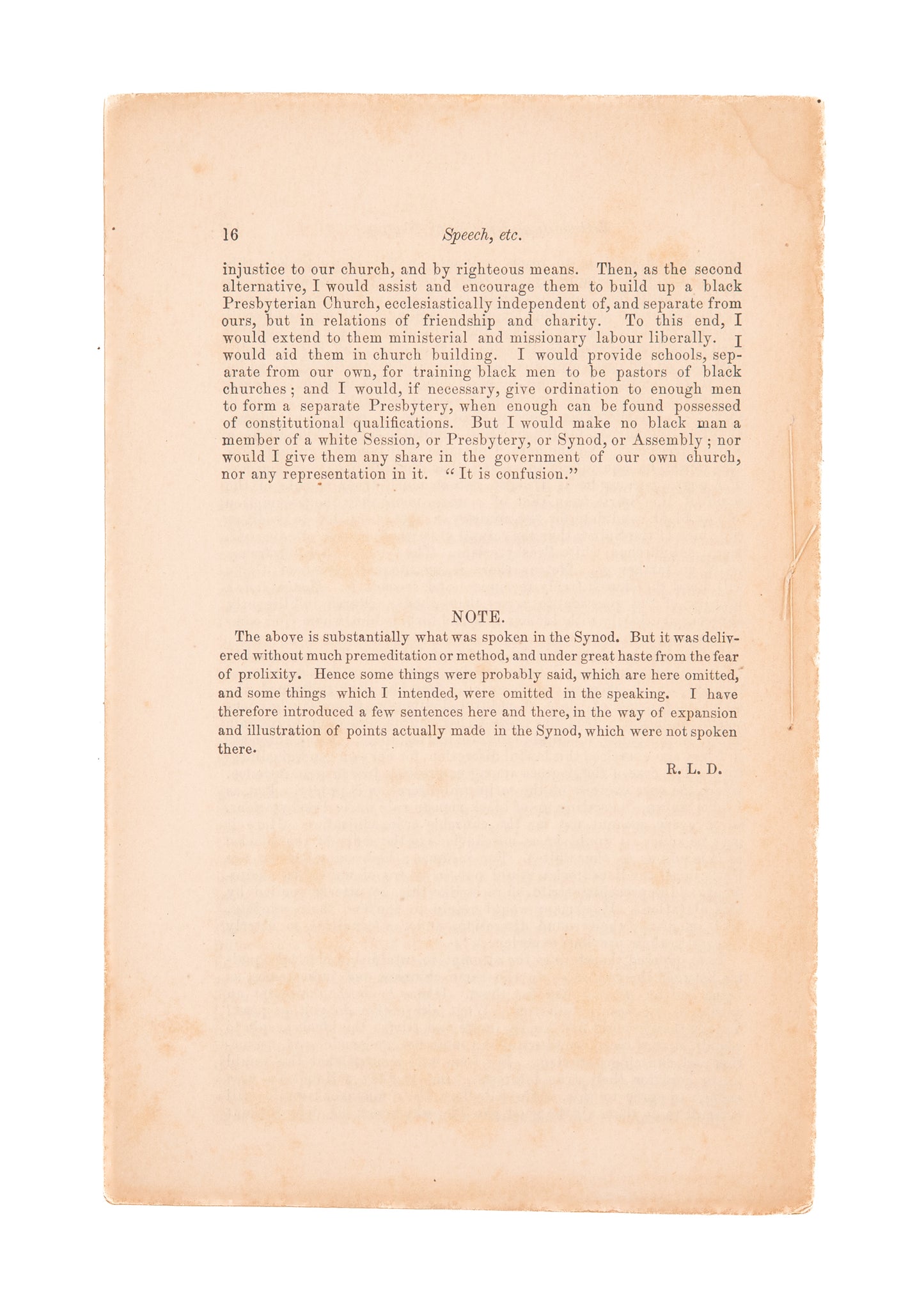 1868 ROBERT L. DABNEY. Against the Equality of Negro Preachers - Pro Church Segregation.