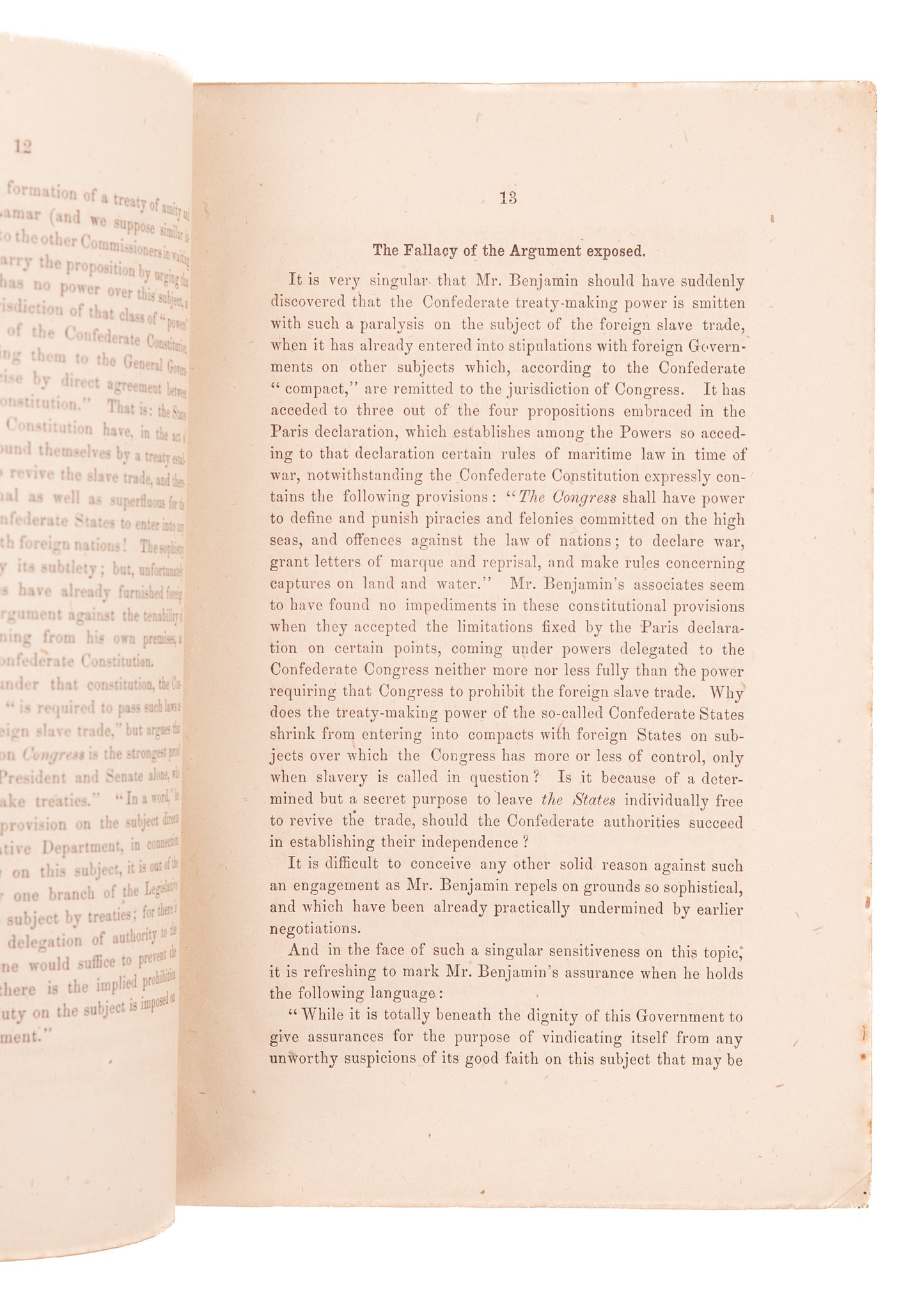 1863 JUDAH P. BENJAMIN. Rare "Jewish" Confederate Plot to Preserve Southern Slavery.