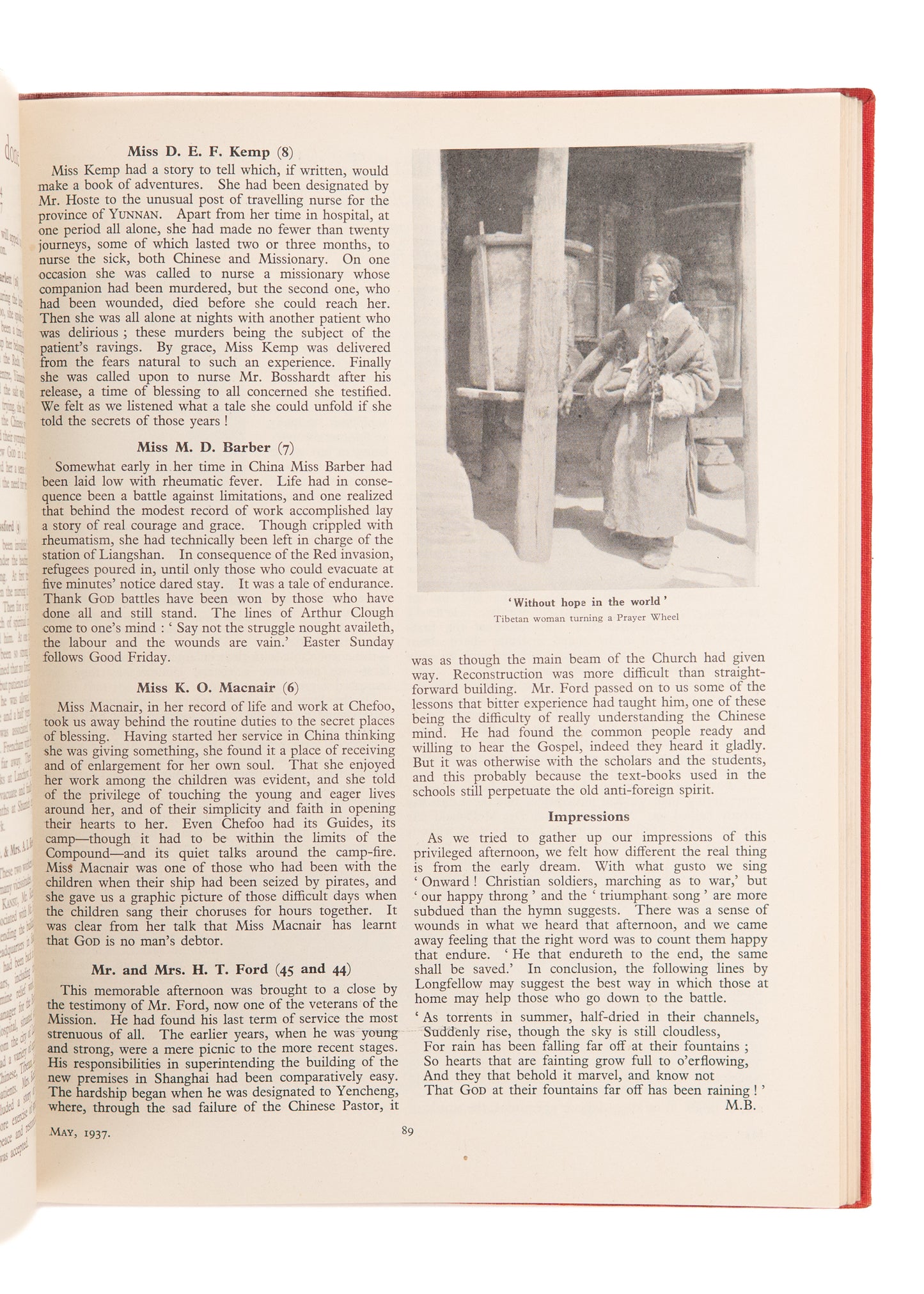 1937 CHINA'S MILLIONS. Martyrdom of Missionaries, Moslems in China, Revival, Rural Chinese Tribes, Thibet.