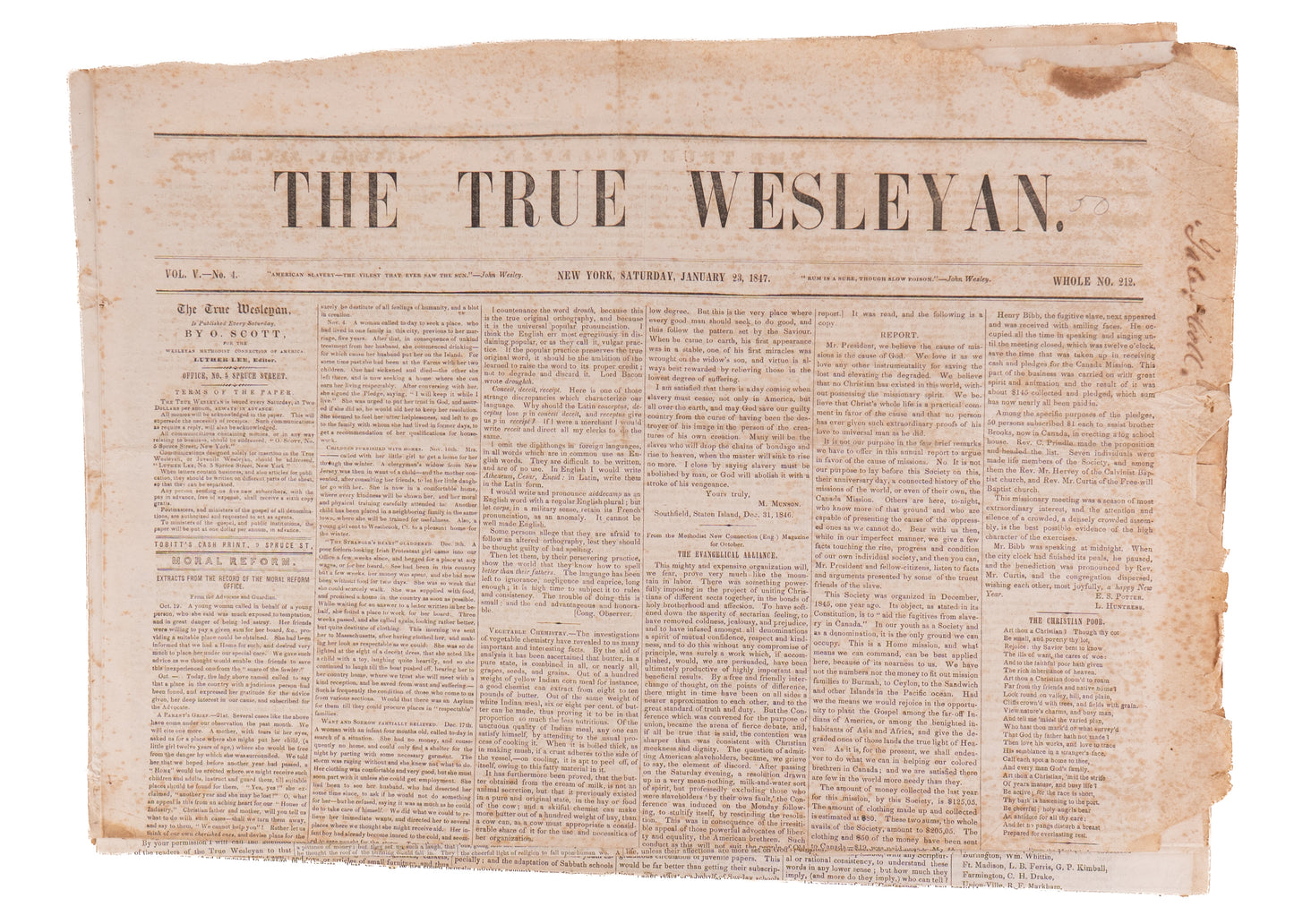 1846-47 THE TRUE WESLEYAN. Radical Methodist Abolitionist Paper - Fugitive Slave First-Hand Testimony &c.