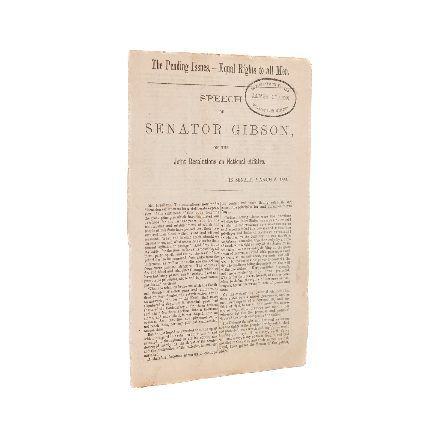 1866 JAMES GIBSON. Equal Rights to All Men, Negro, Native American, and White. Rare!