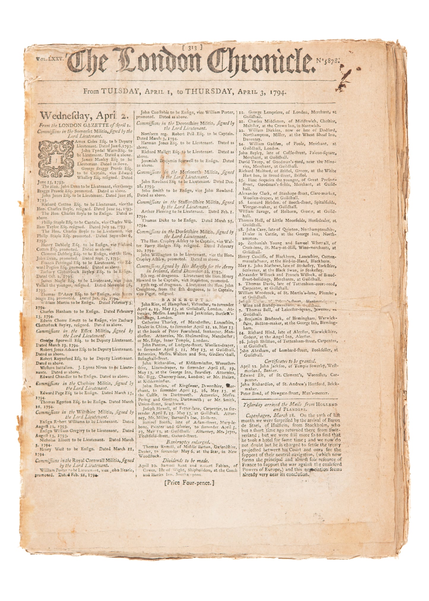 1794-1797 THE LONDON CHRONICLE. New York Threatens to Attack England - Taxation WITH Representation Flex.