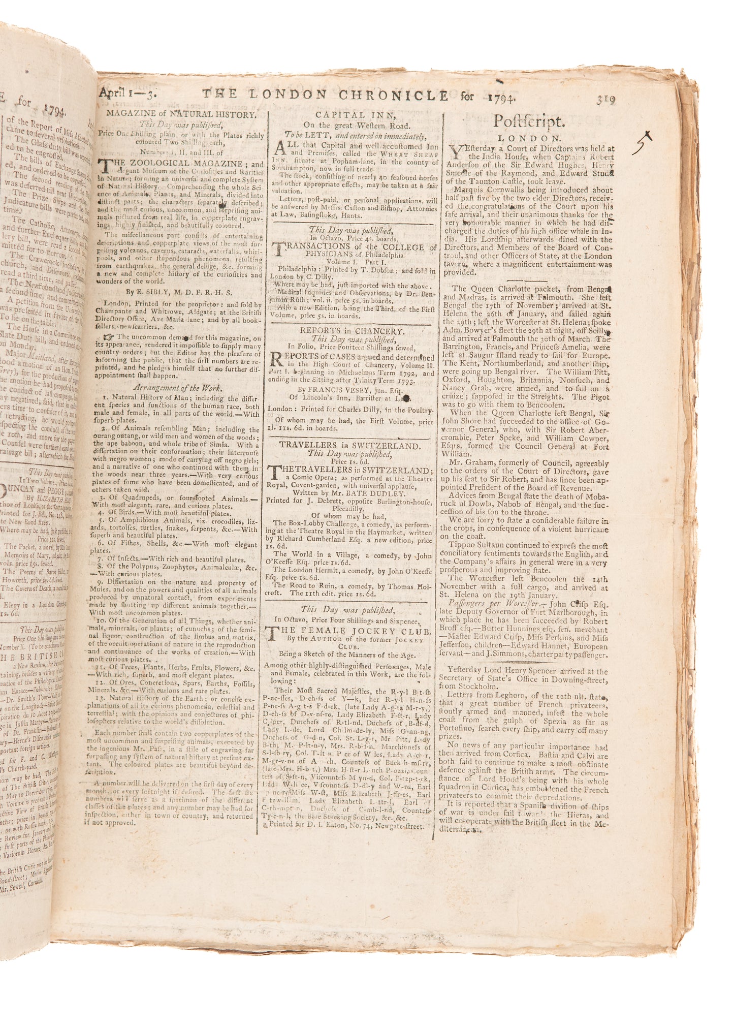 1794-1797 THE LONDON CHRONICLE. New York Threatens to Attack England - Taxation WITH Representation Flex.