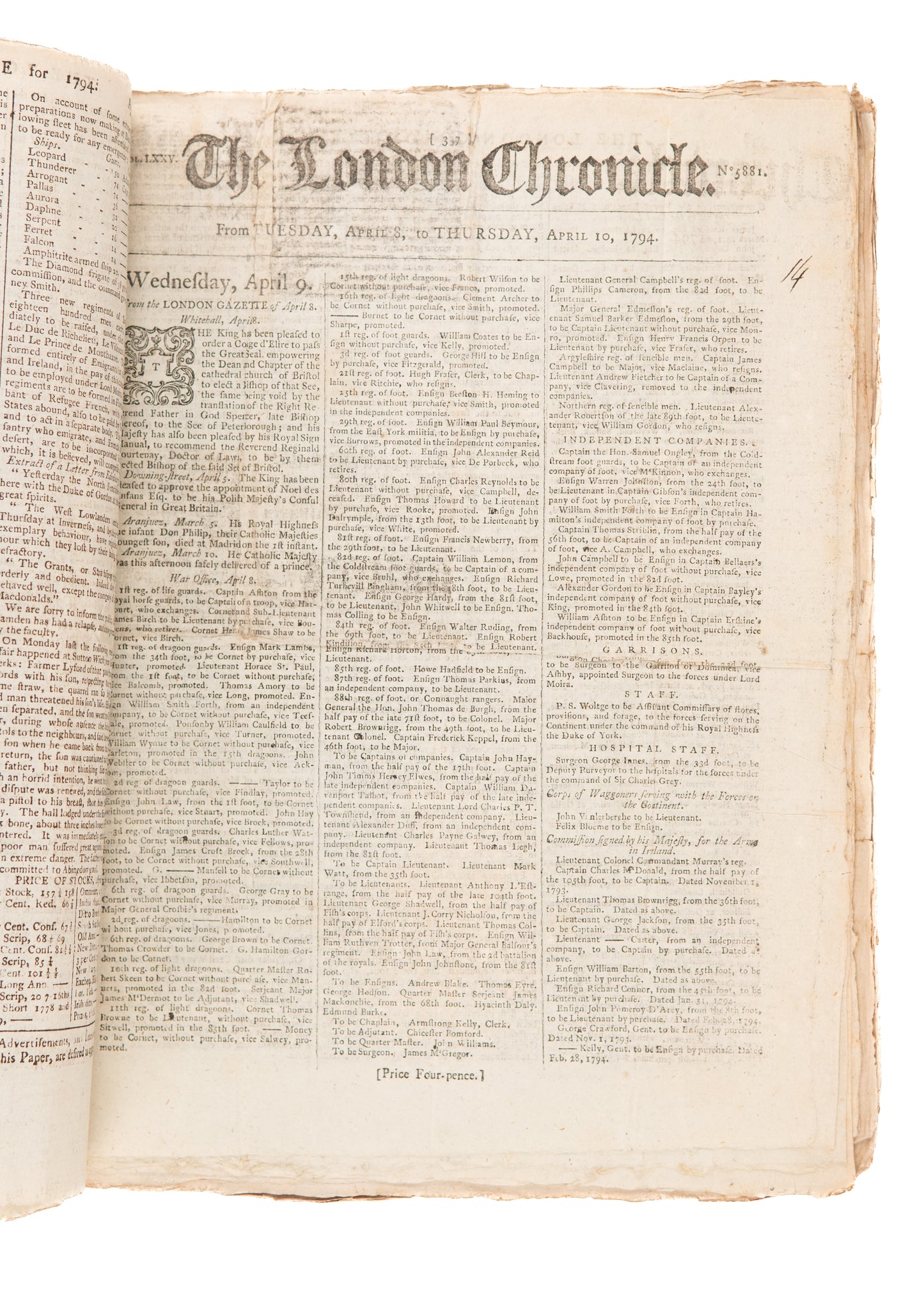 1794-1797 THE LONDON CHRONICLE. New York Threatens to Attack England - Taxation WITH Representation Flex.