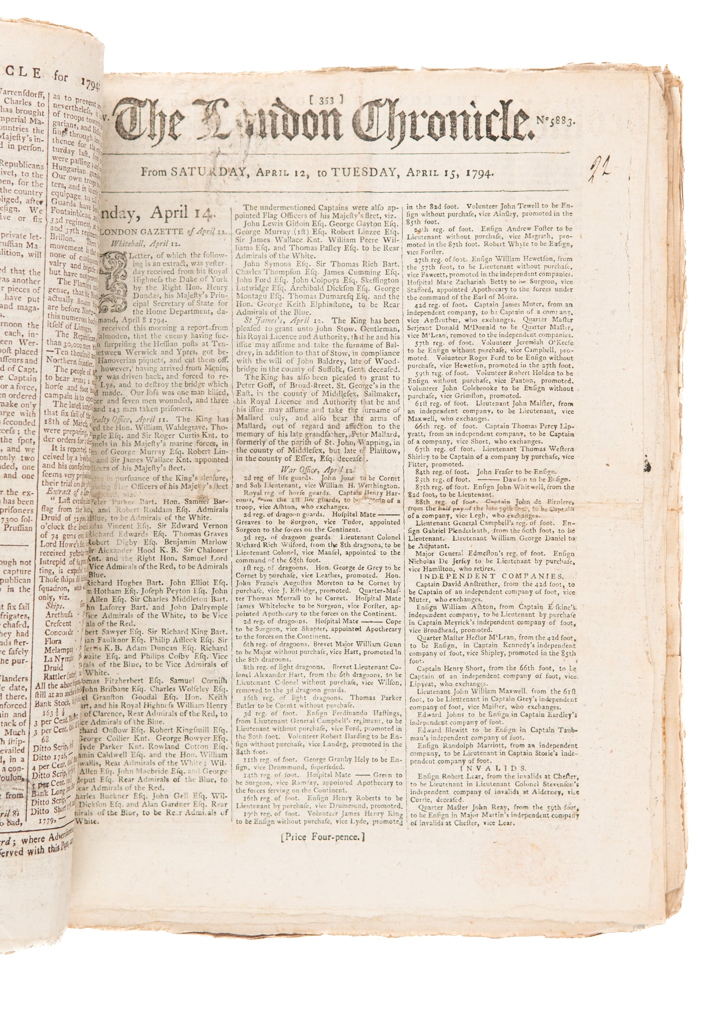 1794-1797 THE LONDON CHRONICLE. New York Threatens to Attack England - Taxation WITH Representation Flex.
