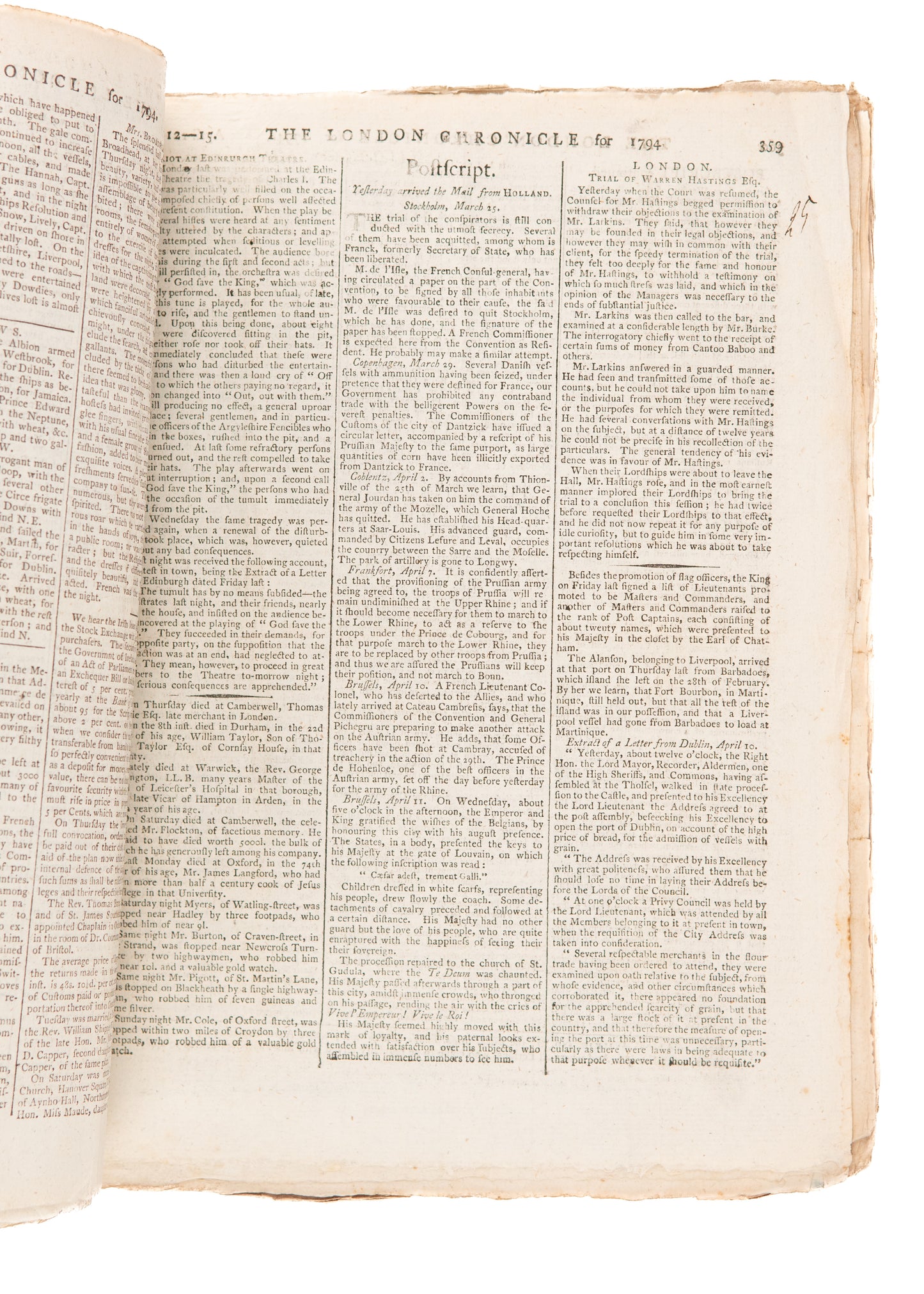 1794-1797 THE LONDON CHRONICLE. New York Threatens to Attack England - Taxation WITH Representation Flex.