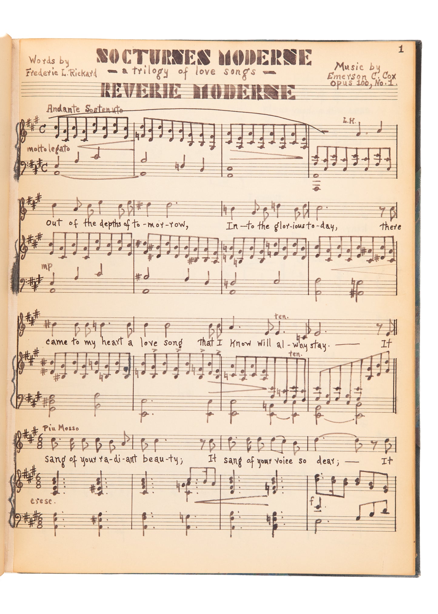 1920's EMERSON C. COX. Early Baptist Composer Unpublished MSs, Including Slavery Song, &c.