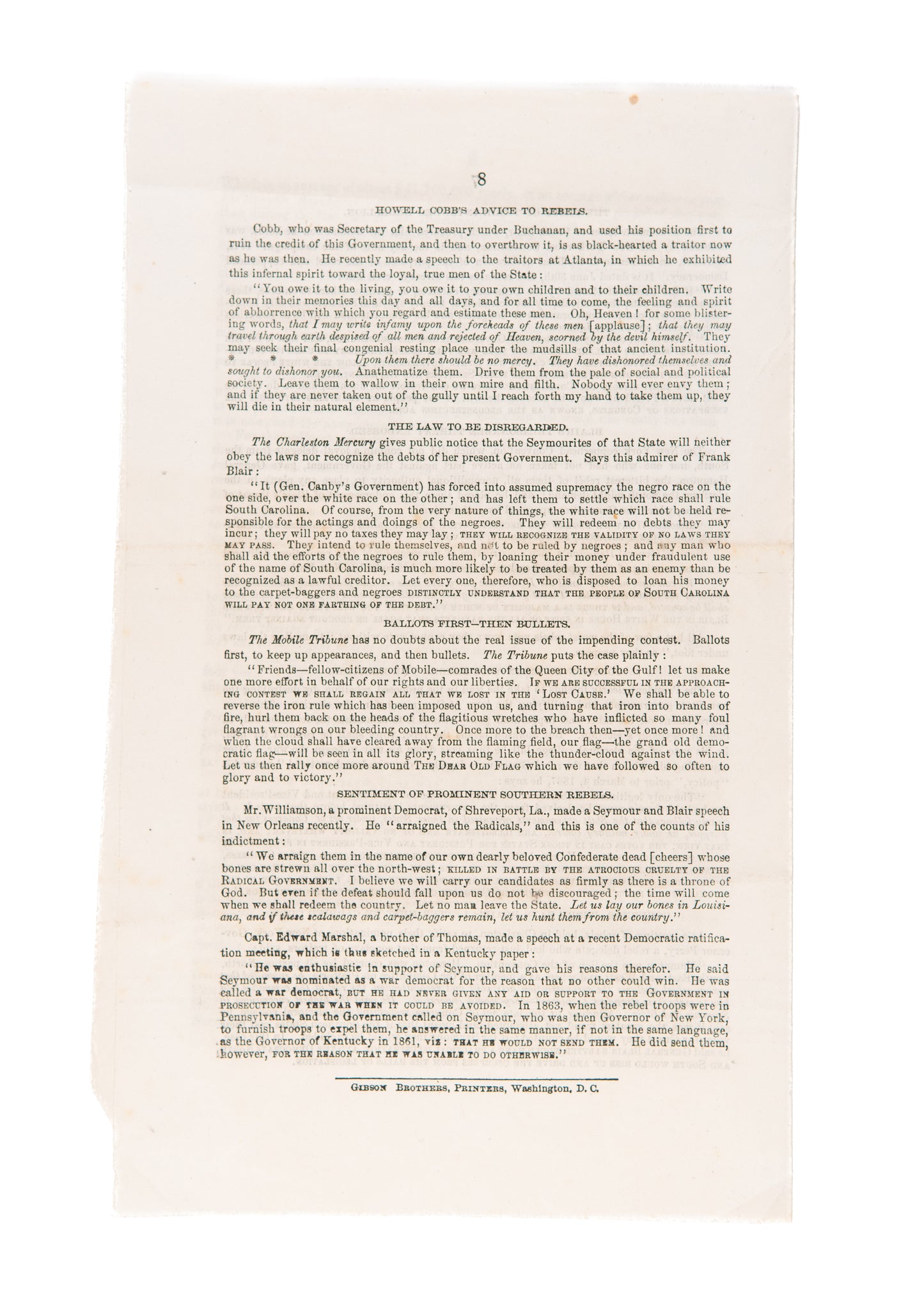 1868 DEMOCRATS TO RE-START CIVIL WAR. A Second Civil War Threatened. Early Republican Imprint.