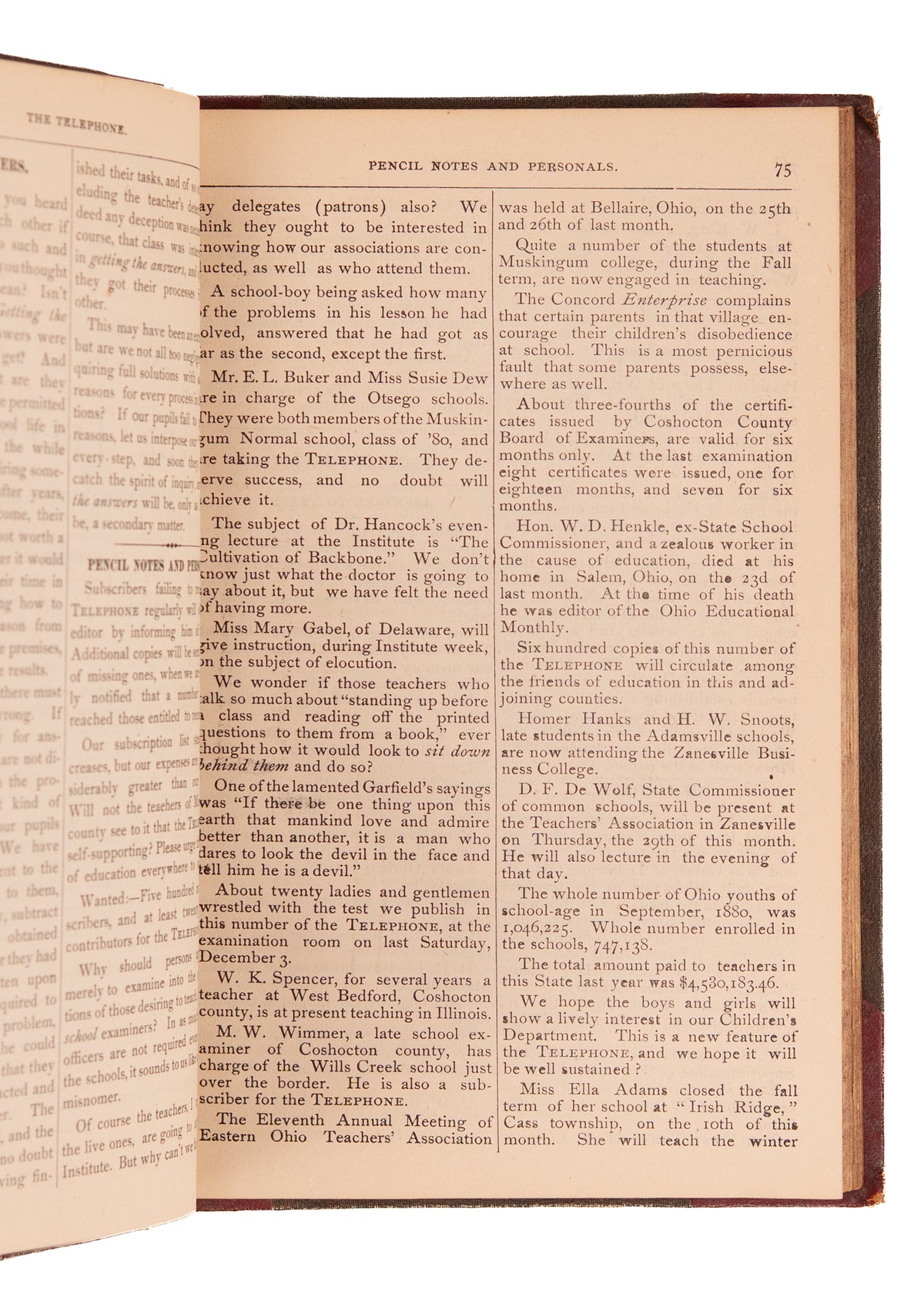 1881-2 THE TELEPHONE. Rare Rural Teacher Peer Journal - Whipping, Charles Darwin & Education of Women.