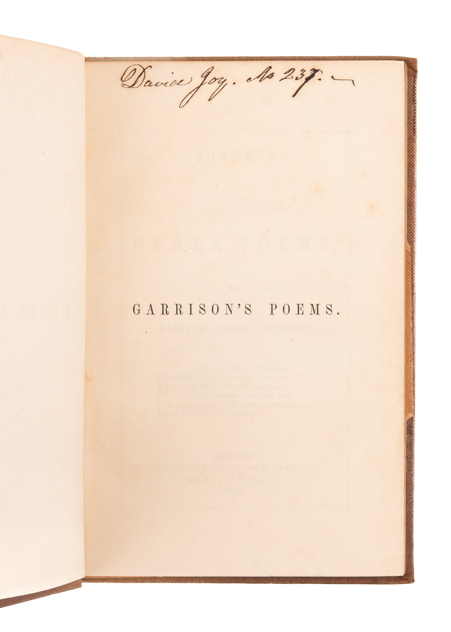 1843 William Lloyd Garrison. Sonnets and Other Poems on the Abolition of Slavery. Abolitionist Provenance.