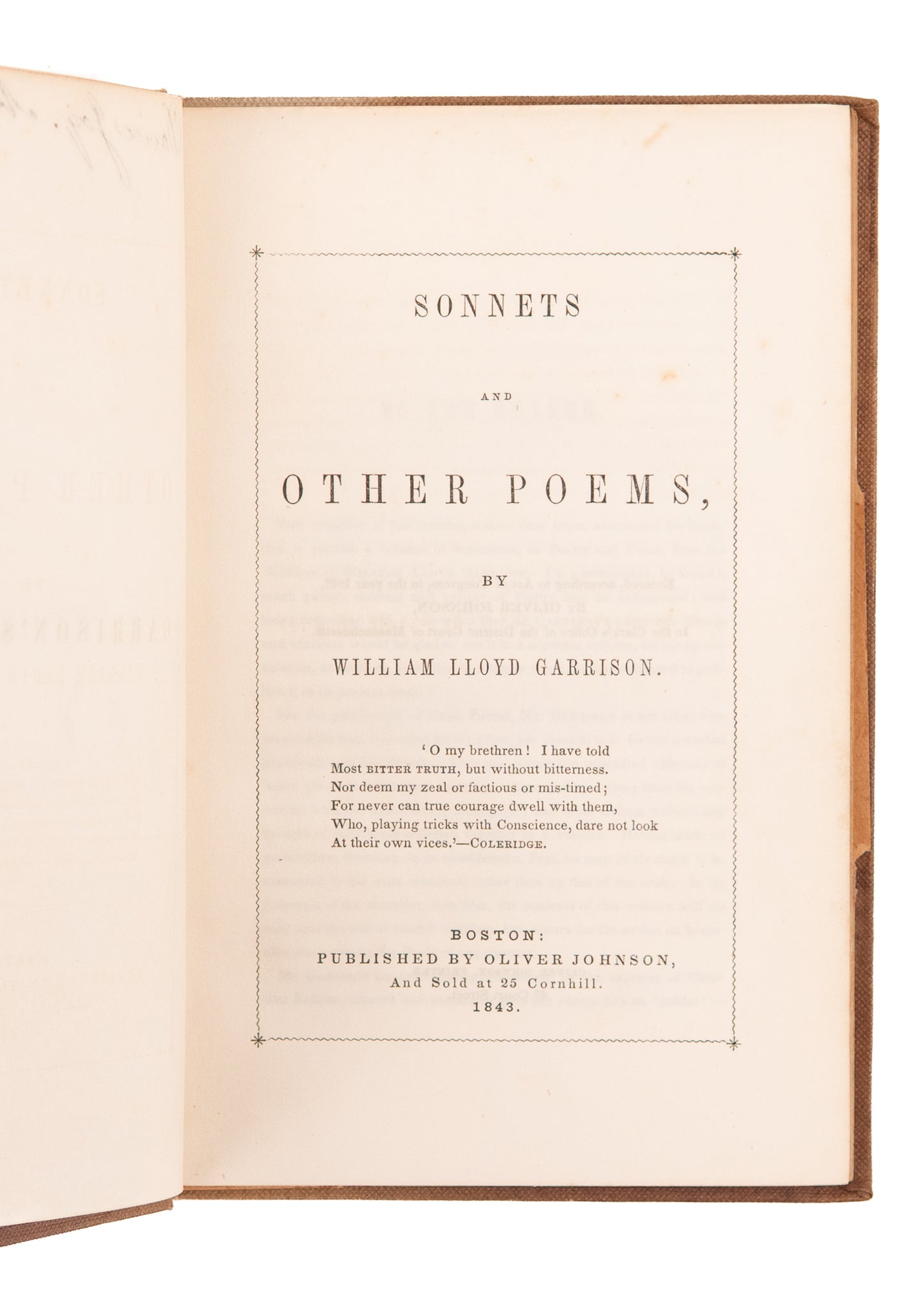1843 William Lloyd Garrison. Sonnets and Other Poems on the Abolition of Slavery. Abolitionist Provenance.