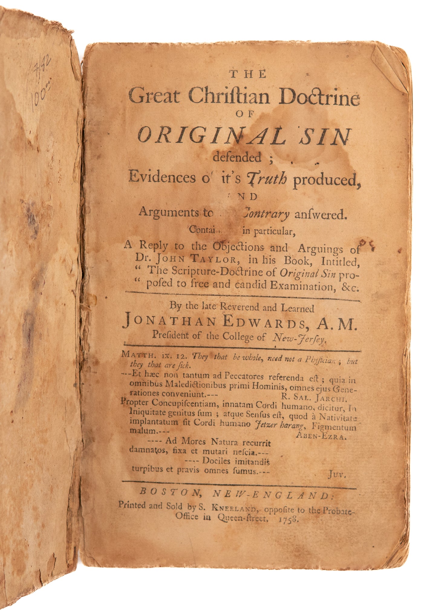 1758 JONATHAN EDWARDS. The Great Doctrine of Original Sin Defended. First Edition.