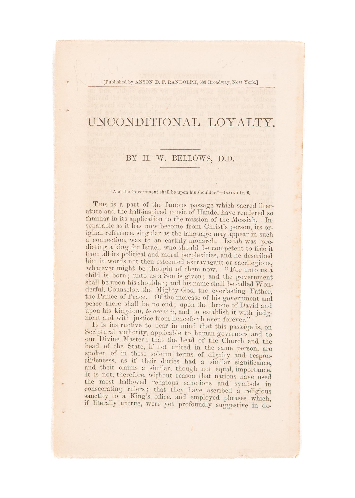 1863 ABRAHAM LINCOLN. H. W. Bellows Argues for "Unconditional Loyalty" to Abraham Lincoln & His Leadership.