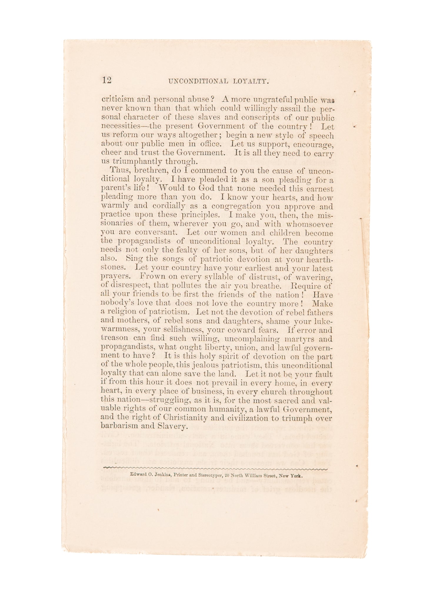 1863 ABRAHAM LINCOLN. H. W. Bellows Argues for "Unconditional Loyalty" to Abraham Lincoln & His Leadership.