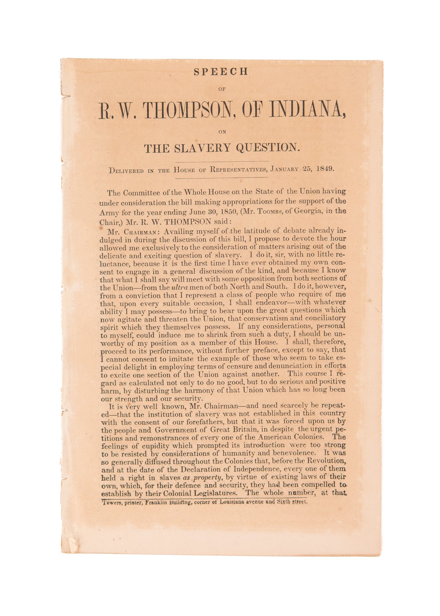 1849 INDIANA SLAVERY. An Indiana Moderate Tries to Bridge the Gap on Slavery . . . Instantly Fails.