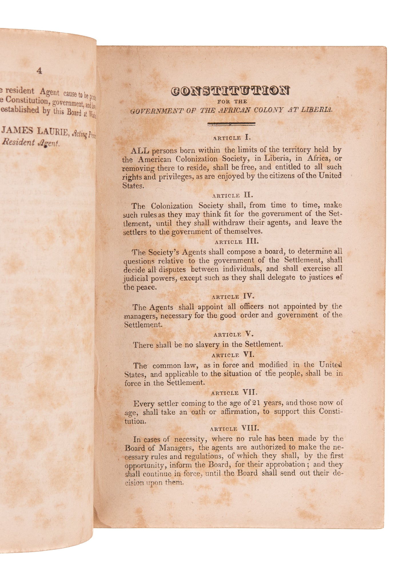 1825 LIBERIA & SLAVERY. The First Constitution and Laws of Liberia - Abolition, Colonialism, &c.