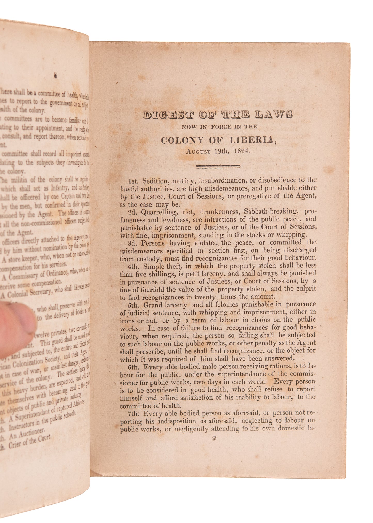 1825 LIBERIA & SLAVERY. The First Constitution and Laws of Liberia - Abolition, Colonialism, &c.
