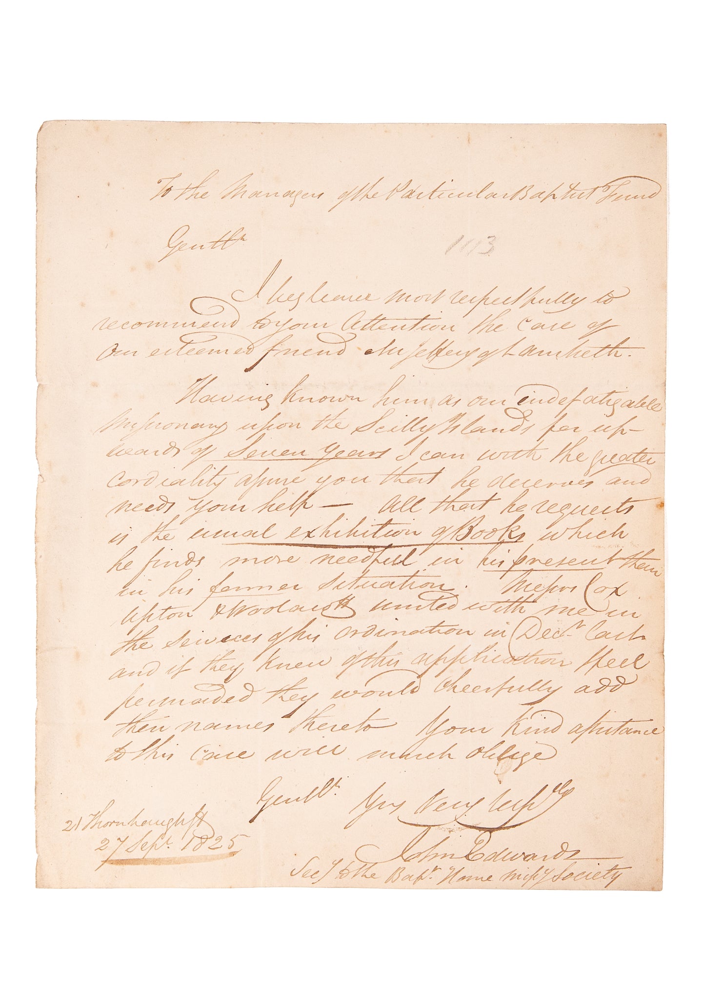 1825 PARTICULAR BAPTIST. Interesting Early Particular Baptist Missionary - Church Planting Document.