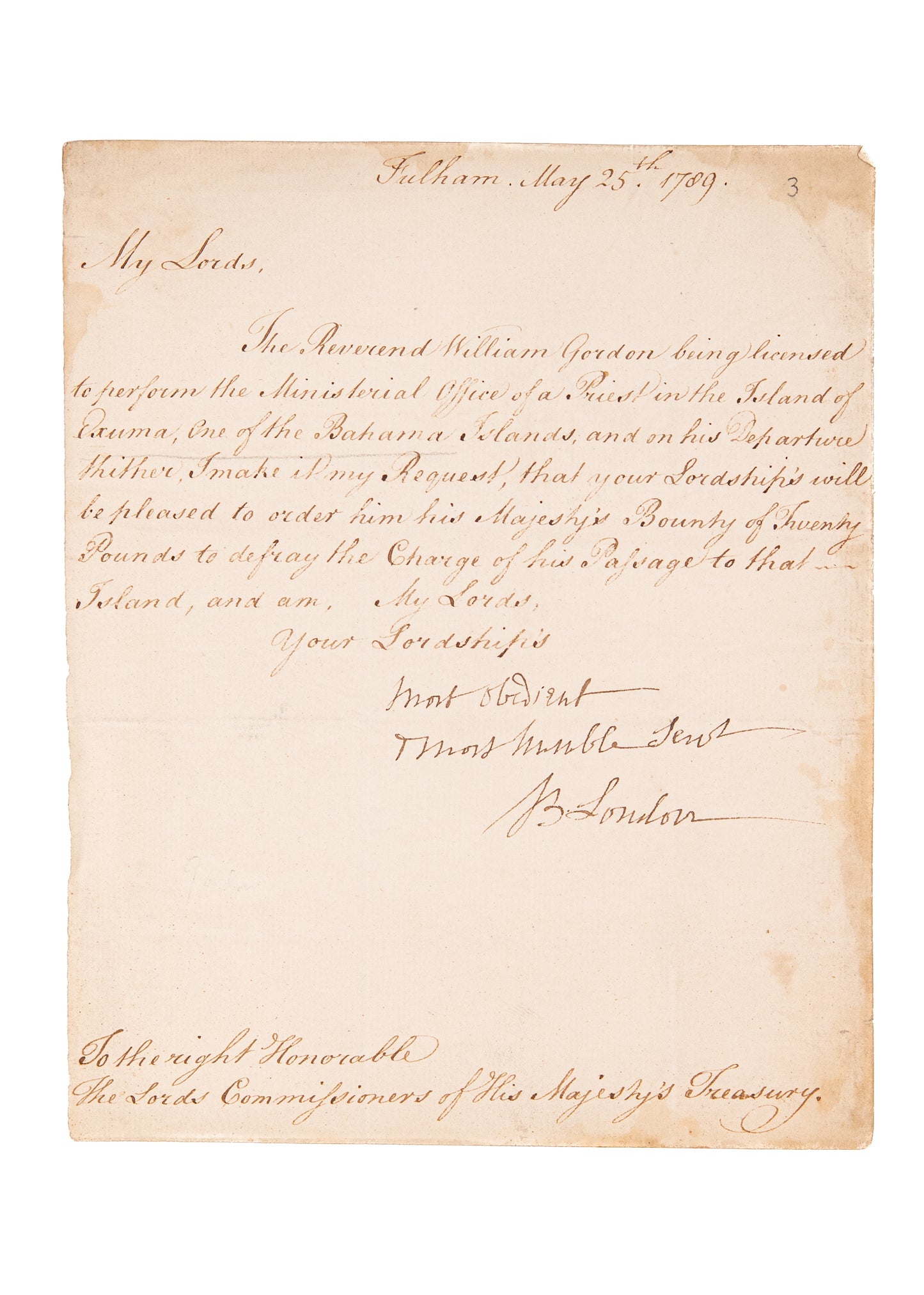 1789 MISSIONARY TO SLAVES IN BAHAMAS. Abolitionist Bishop of London, Bielby Porteus Requests Passage for First Missionary.