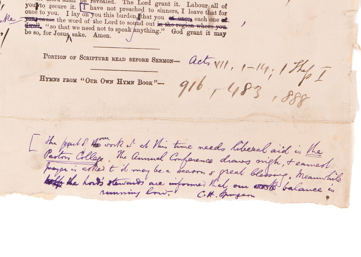 1889 C. H. SPURGEON. Autograph Sermon on Return of Christ and Urgency in Preaching and Evangelism.
