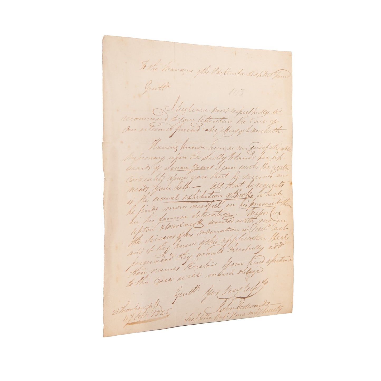 1825 PARTICULAR BAPTIST. Interesting Early Particular Baptist Missionary - Church Planting Document.